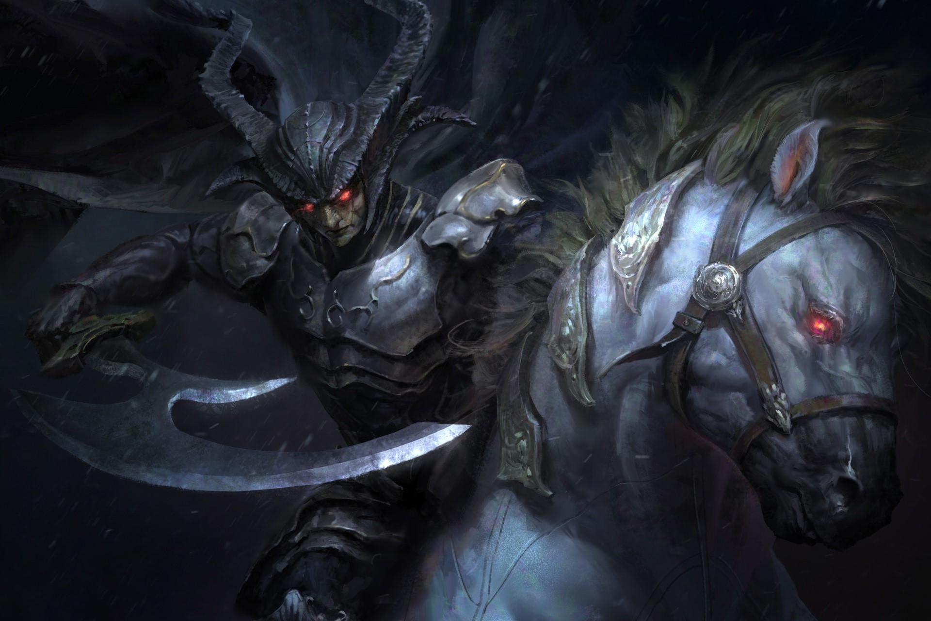 Demon warrior with horns riding a white horse HD Wallpaper