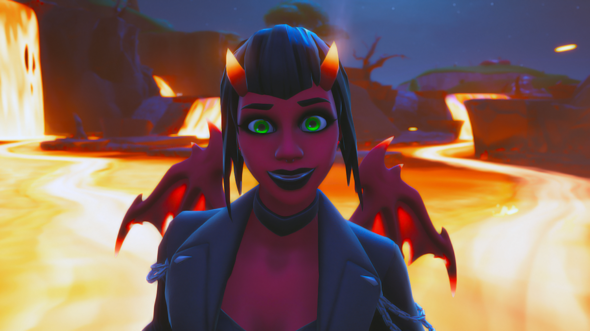 Fortnite Demon Girl with Green Eyes and Red Horns HD Wallpaper