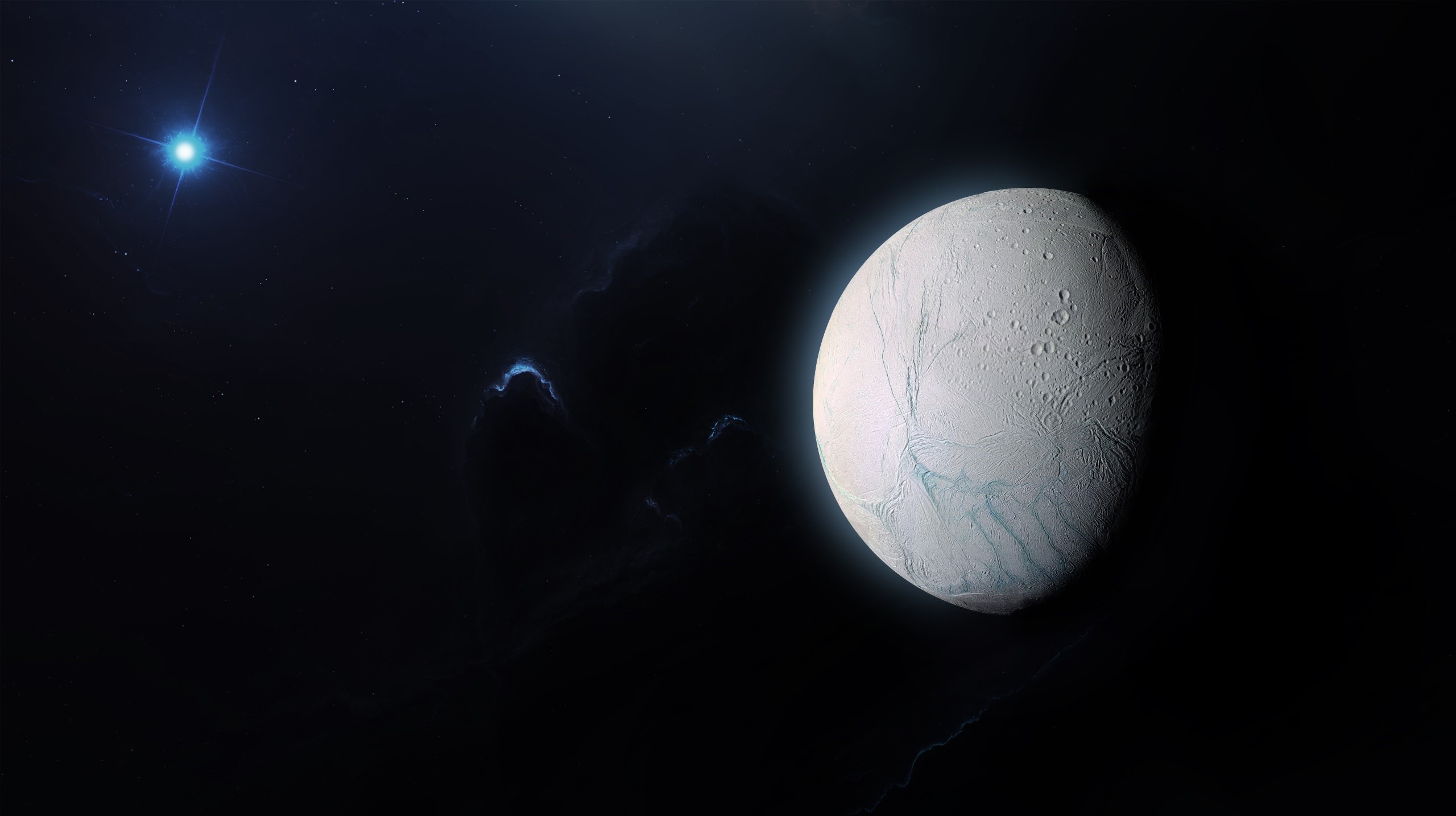 A distant star illuminates a moon in space HD Wallpaper
