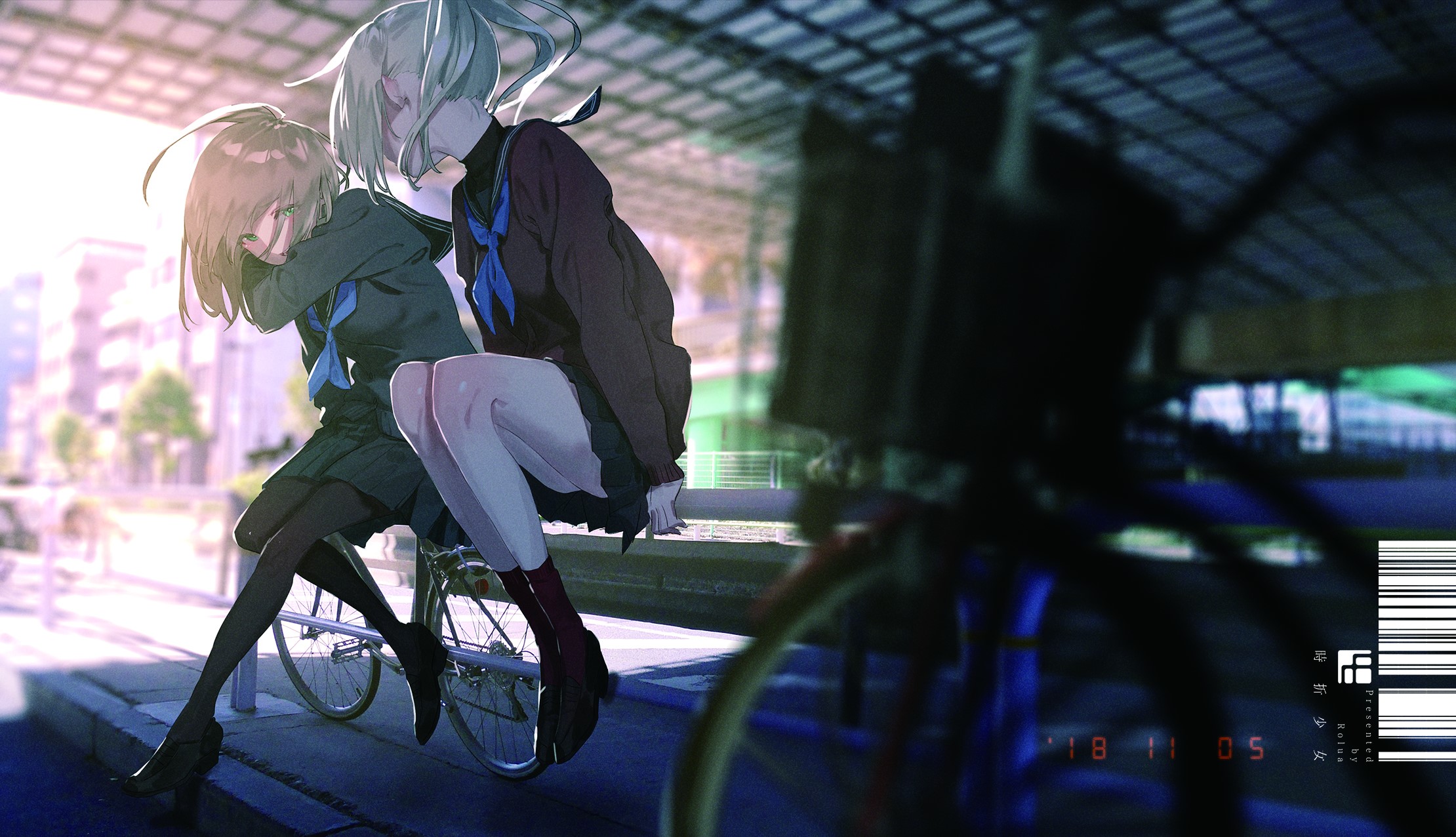 Anime girls sitting on a fence with bicycles HD Wallpaper