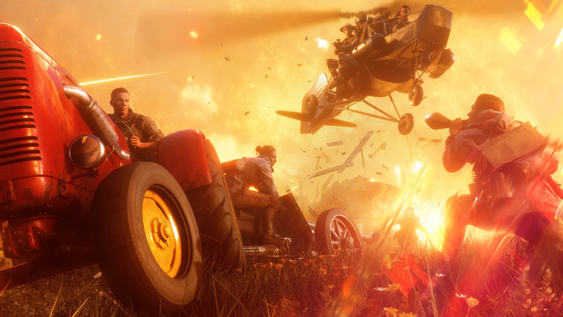 Battlefield V Firestorm: Tractor, Helicopter, and Soldiers in Combat HD Wallpaper