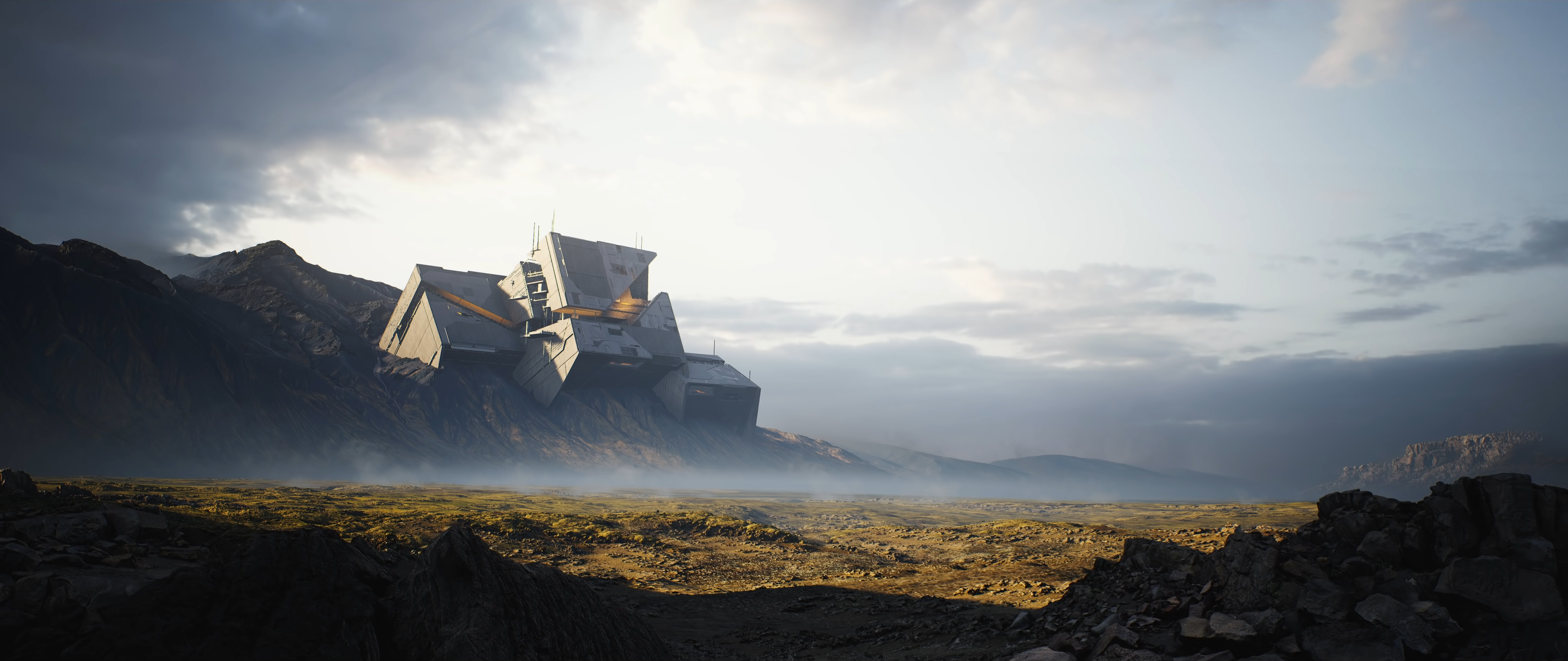 Futuristic building on a mountain landscape with mist HD Wallpaper