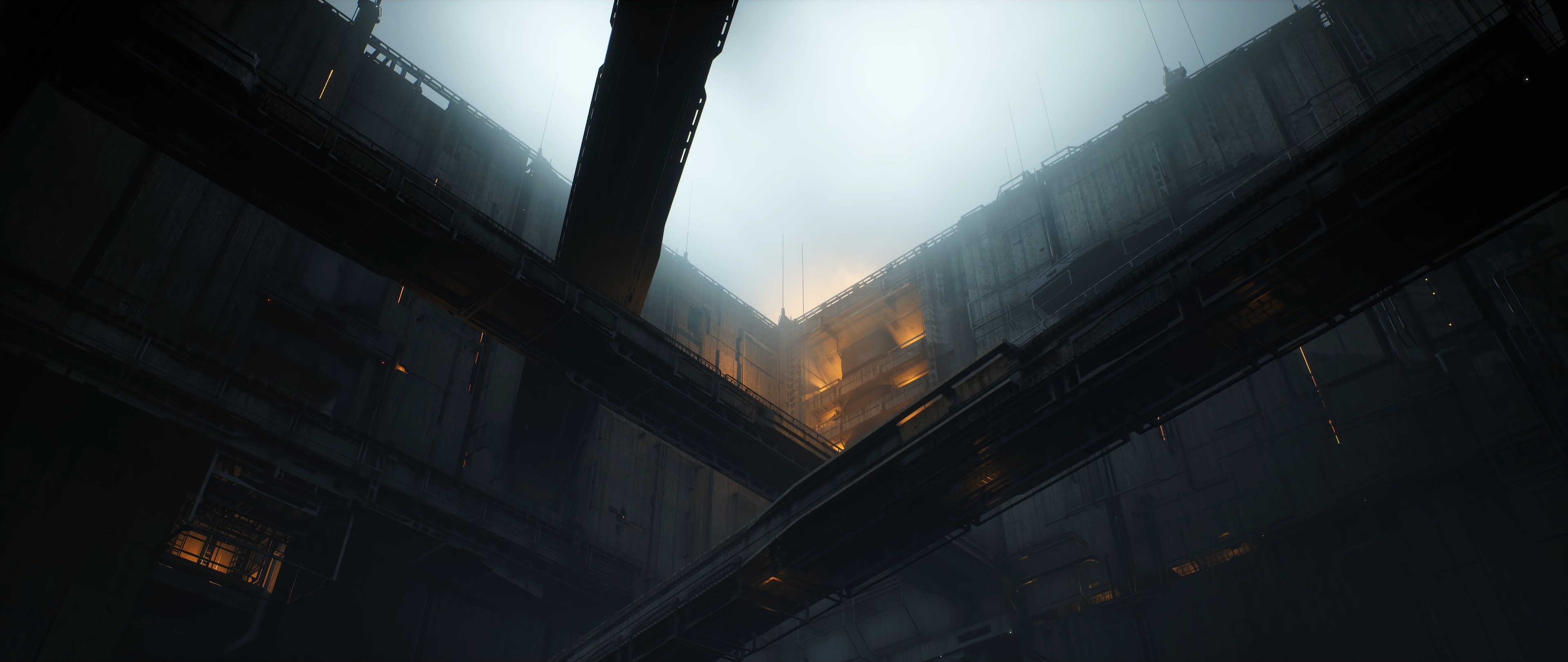 Industrial interior with bridges and mist HD Wallpaper