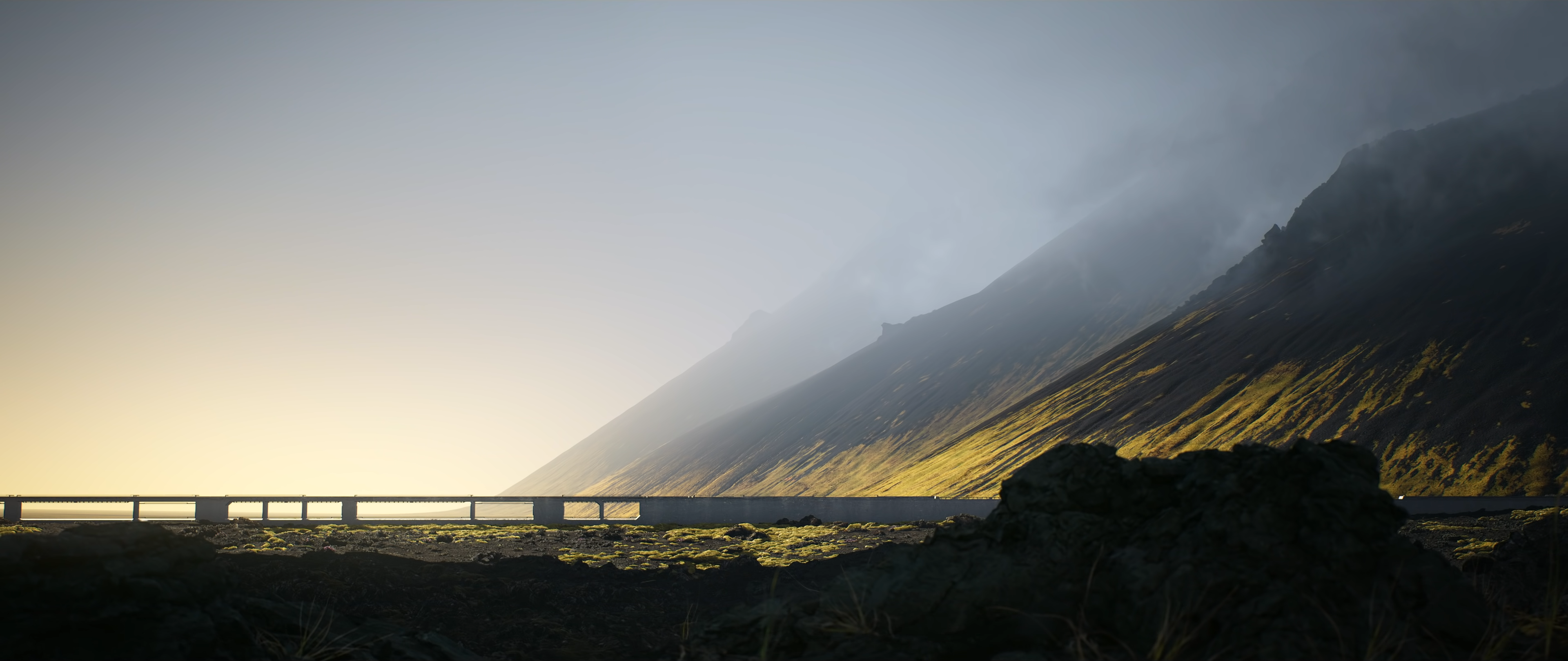 4K Ultrawide Landscape of Misty Mountains and Road HD Wallpaper