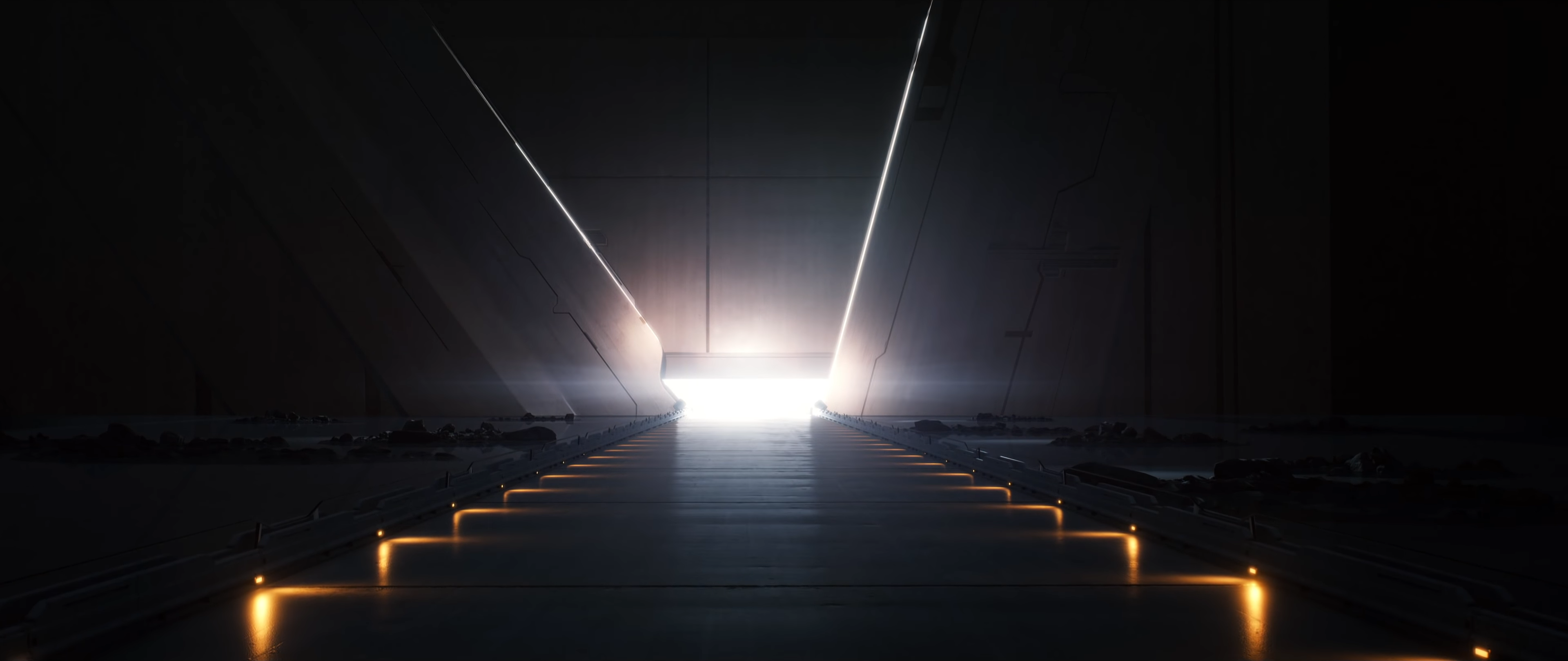 Interior of a futuristic building with bright lights HD Wallpaper