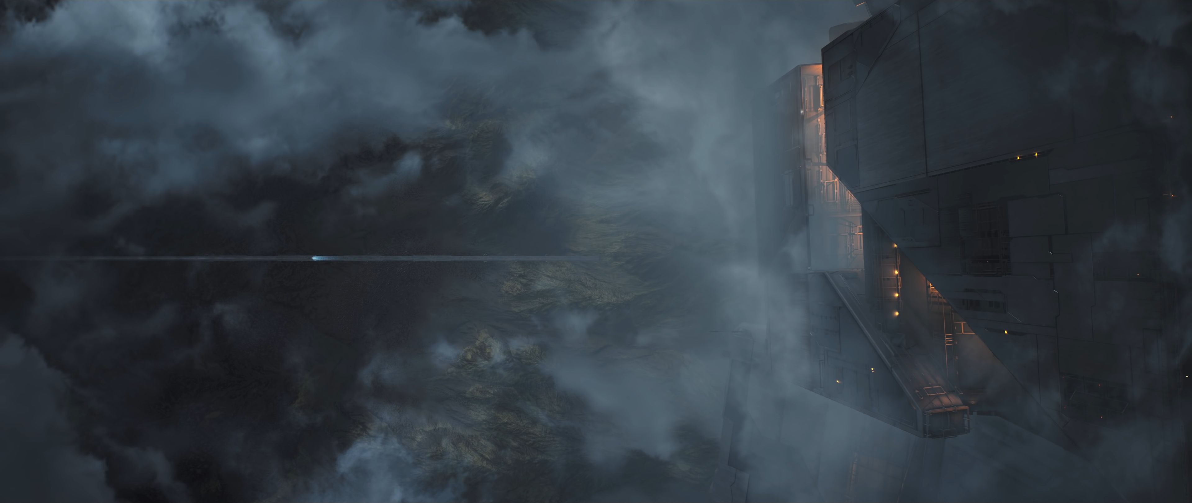 Building facade in mist with vehicle light trail HD Wallpaper