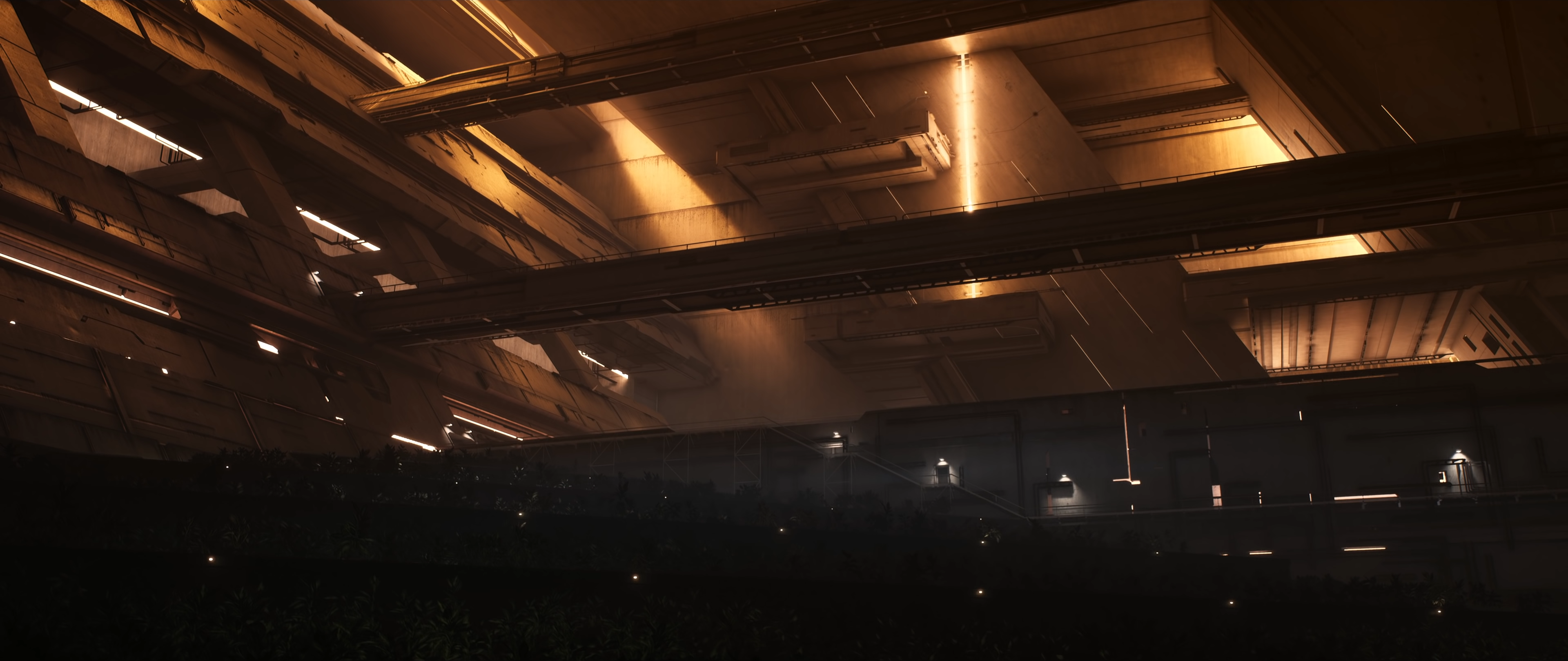 Interior of a large building with plants and lights HD Wallpaper