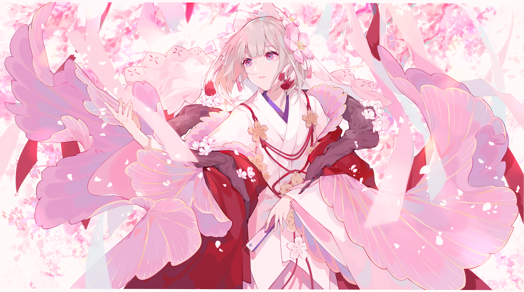 Anime girl in kimono with cherry blossoms HD Wallpaper