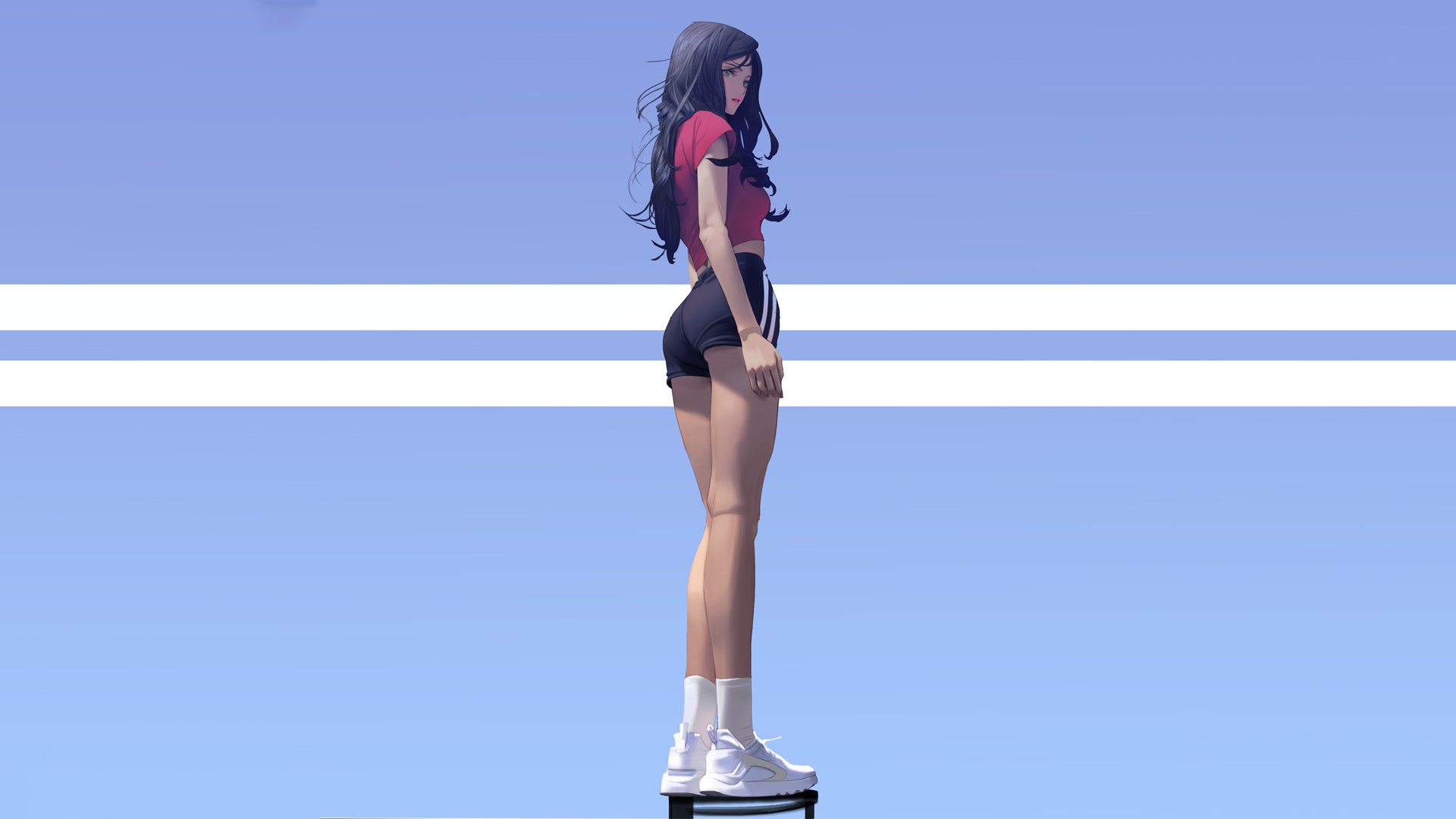 Anime girl with black hair wearing a pink top and black shorts HD Wallpaper