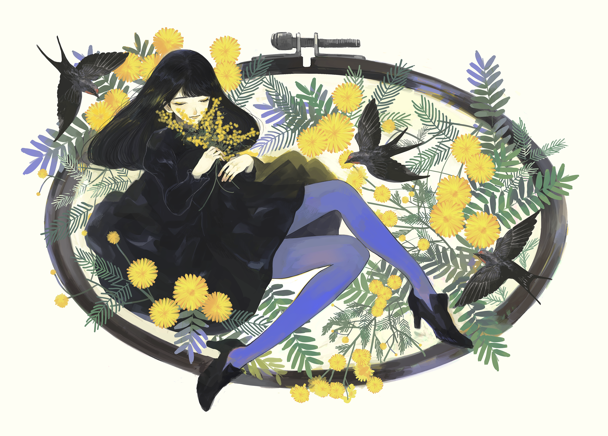 Anime girl with black hair and mimosa flowers surrounded by birds HD Wallpaper