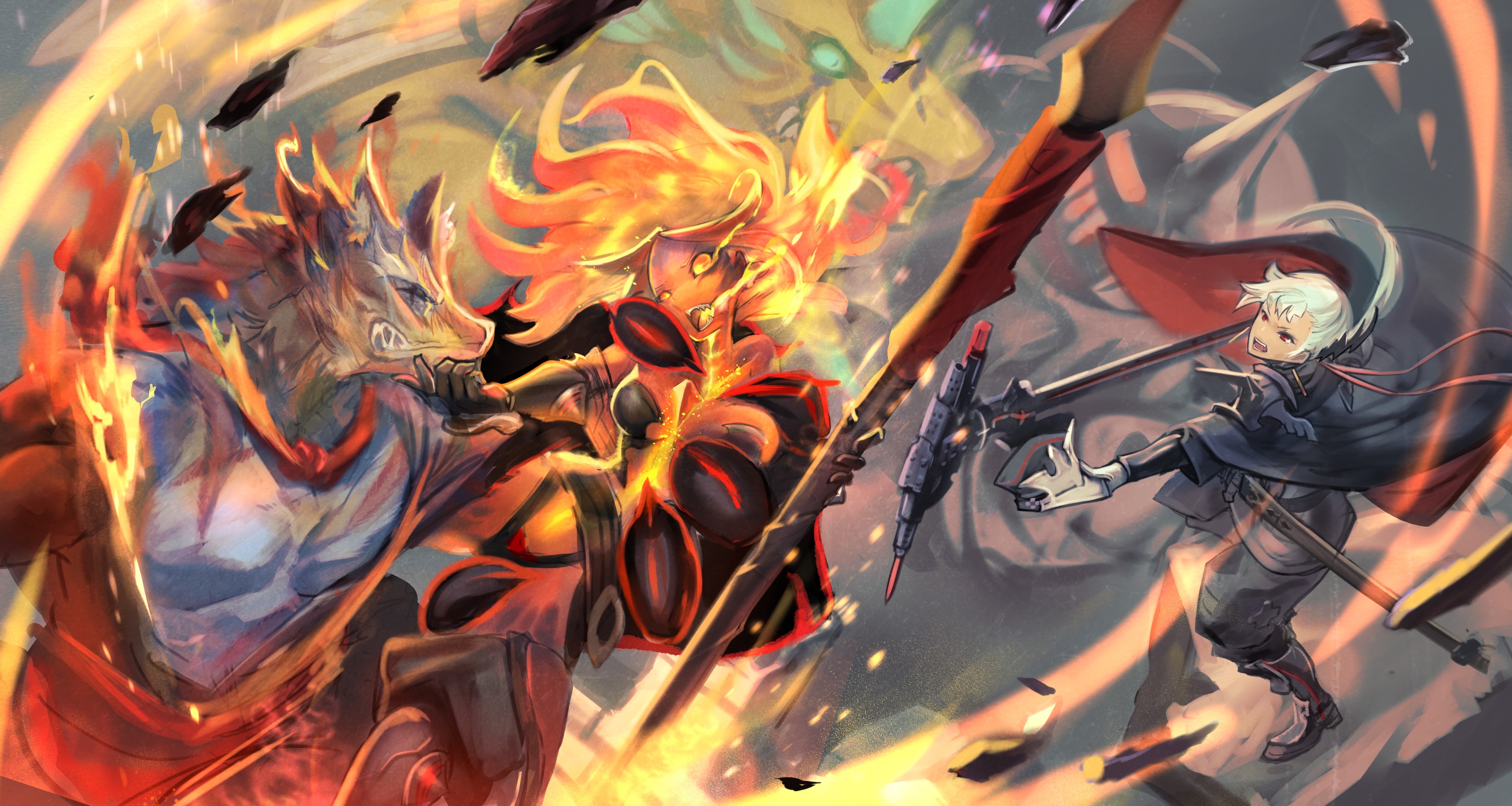 Pixiv Fantasia: Fire Wolf, Fiery Warrior, and White-Haired Fighter HD Wallpaper