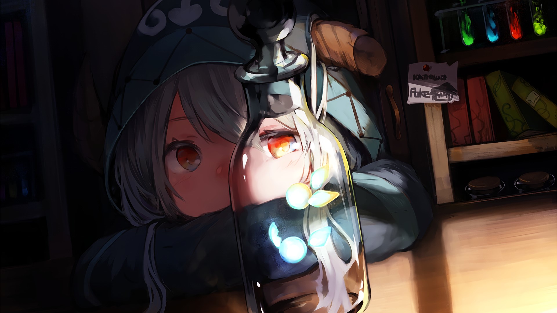 Anime girl with silver hair and red eyes behind a bottle HD Wallpaper