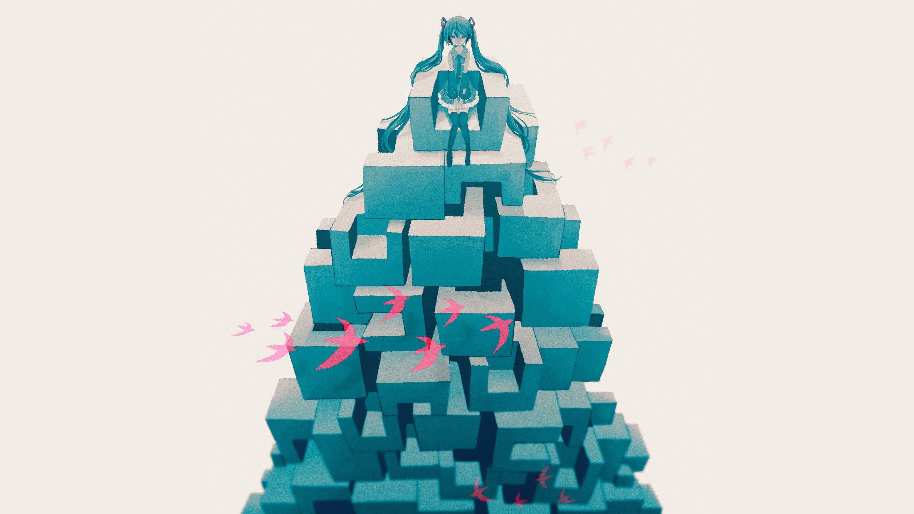 Hatsune Miku sitting on a block tower with birds HD Wallpaper