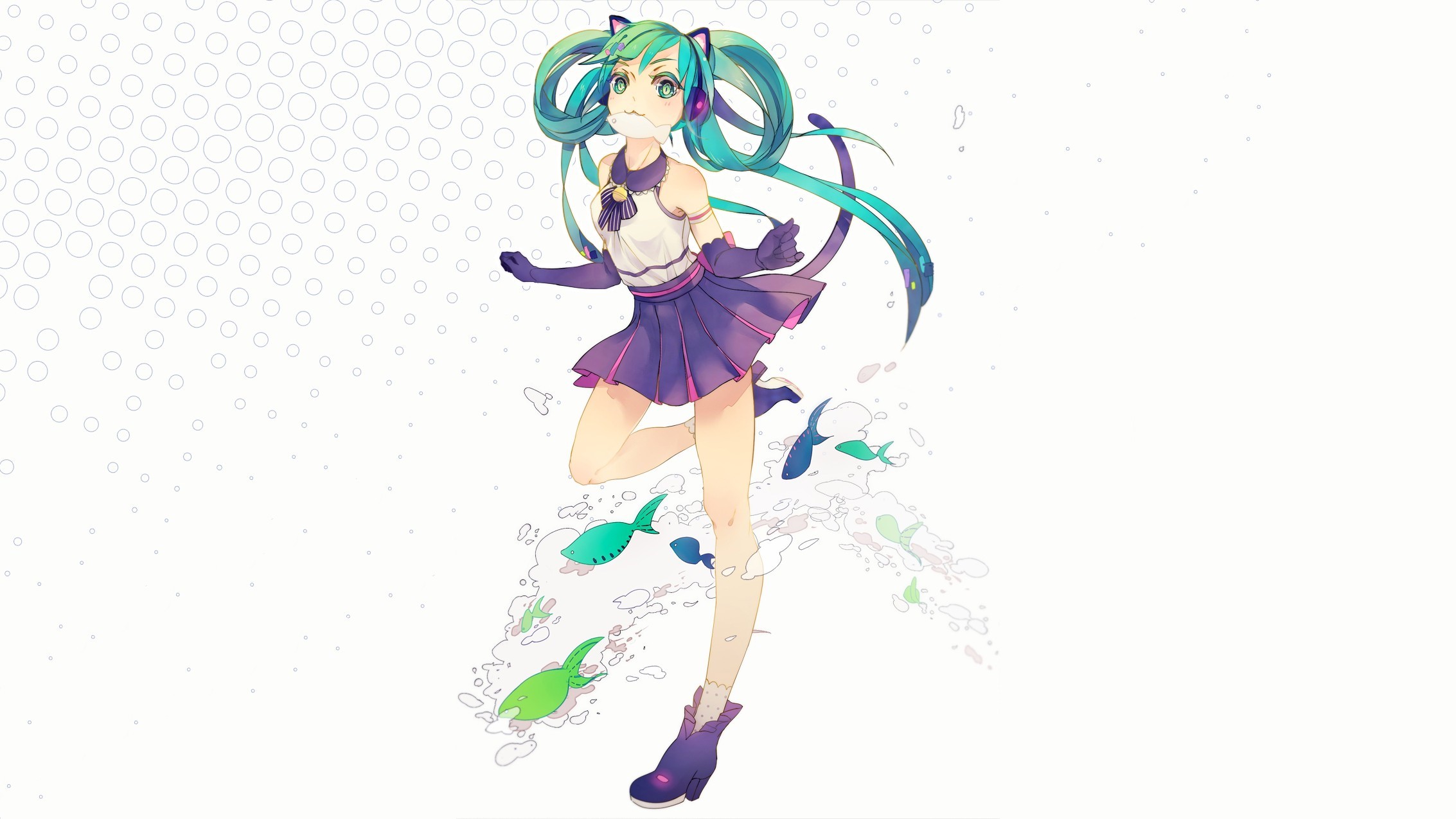 Hatsune Miku from Vocaloid with cat ears and fish HD Wallpaper