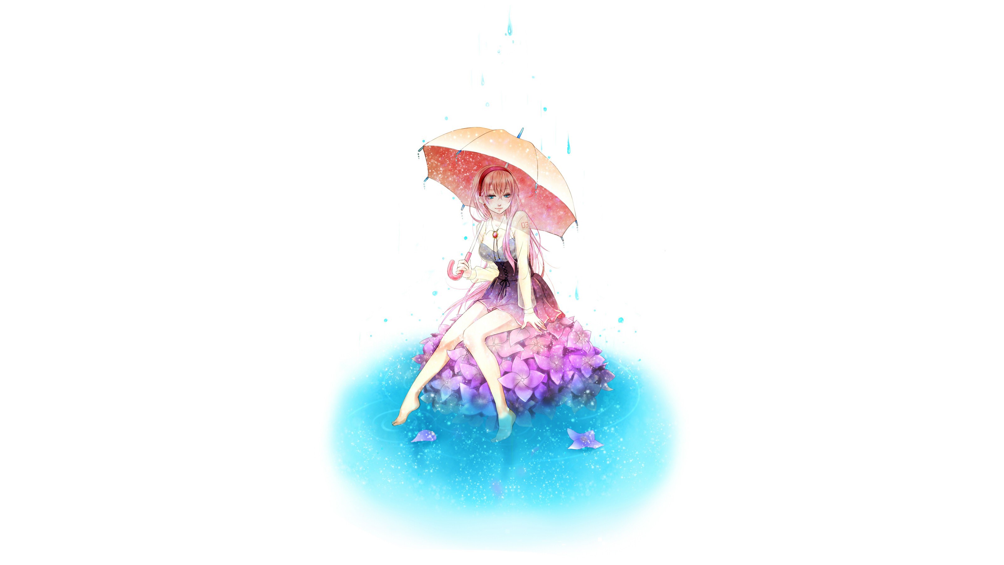 Megurine Luka from Vocaloid sitting under an umbrella in water with flowers HD Wallpaper