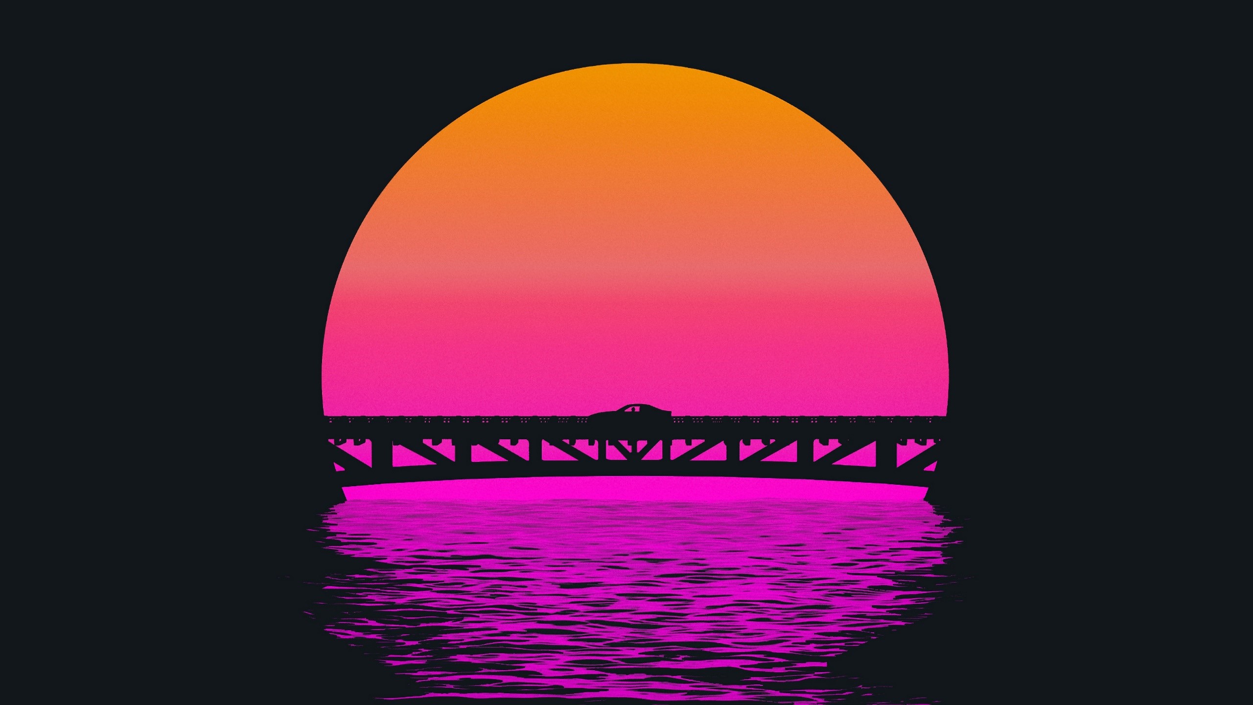 Car on a bridge with a large sun and water reflection HD Wallpaper