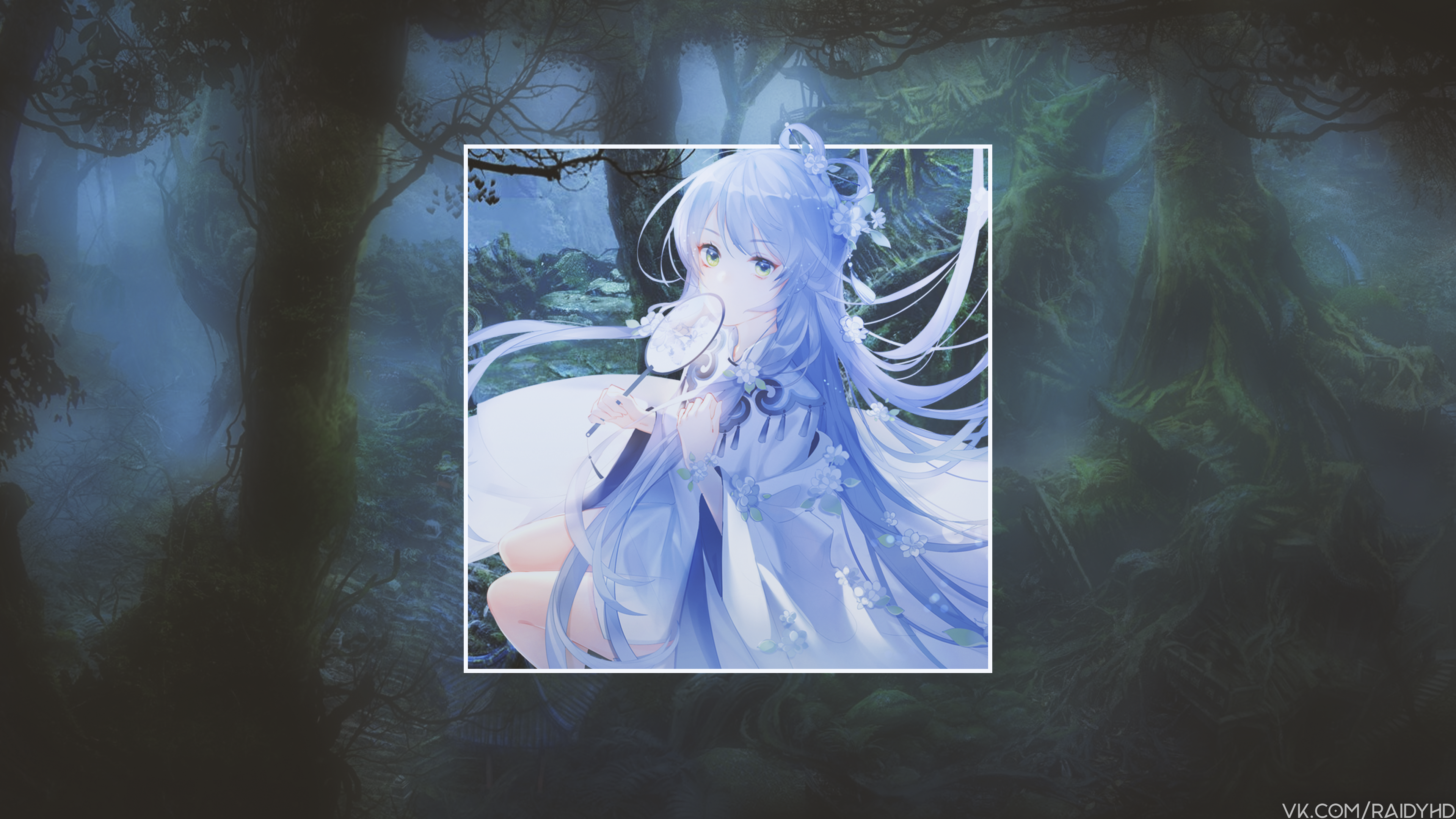 Anime girl with blue hair holding a dreamcatcher in a forest HD Wallpaper