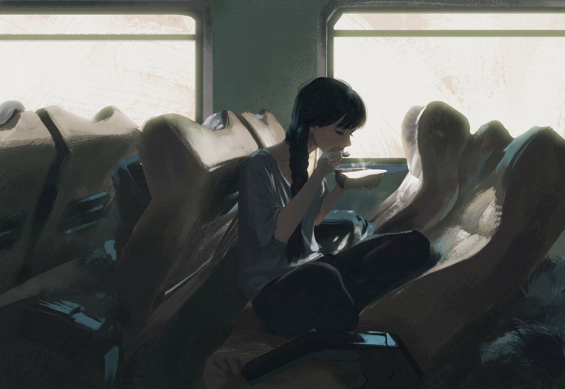 Anime girl eating on a train HD Wallpaper