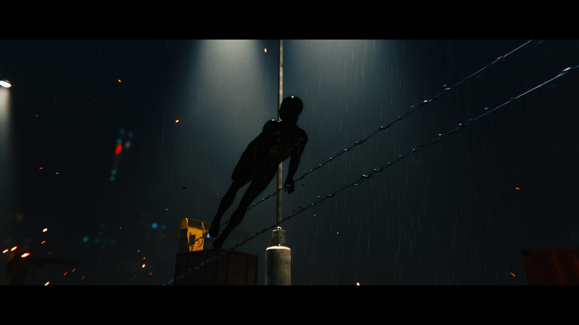 Spider-Man in a dark, rainy city HD Wallpaper