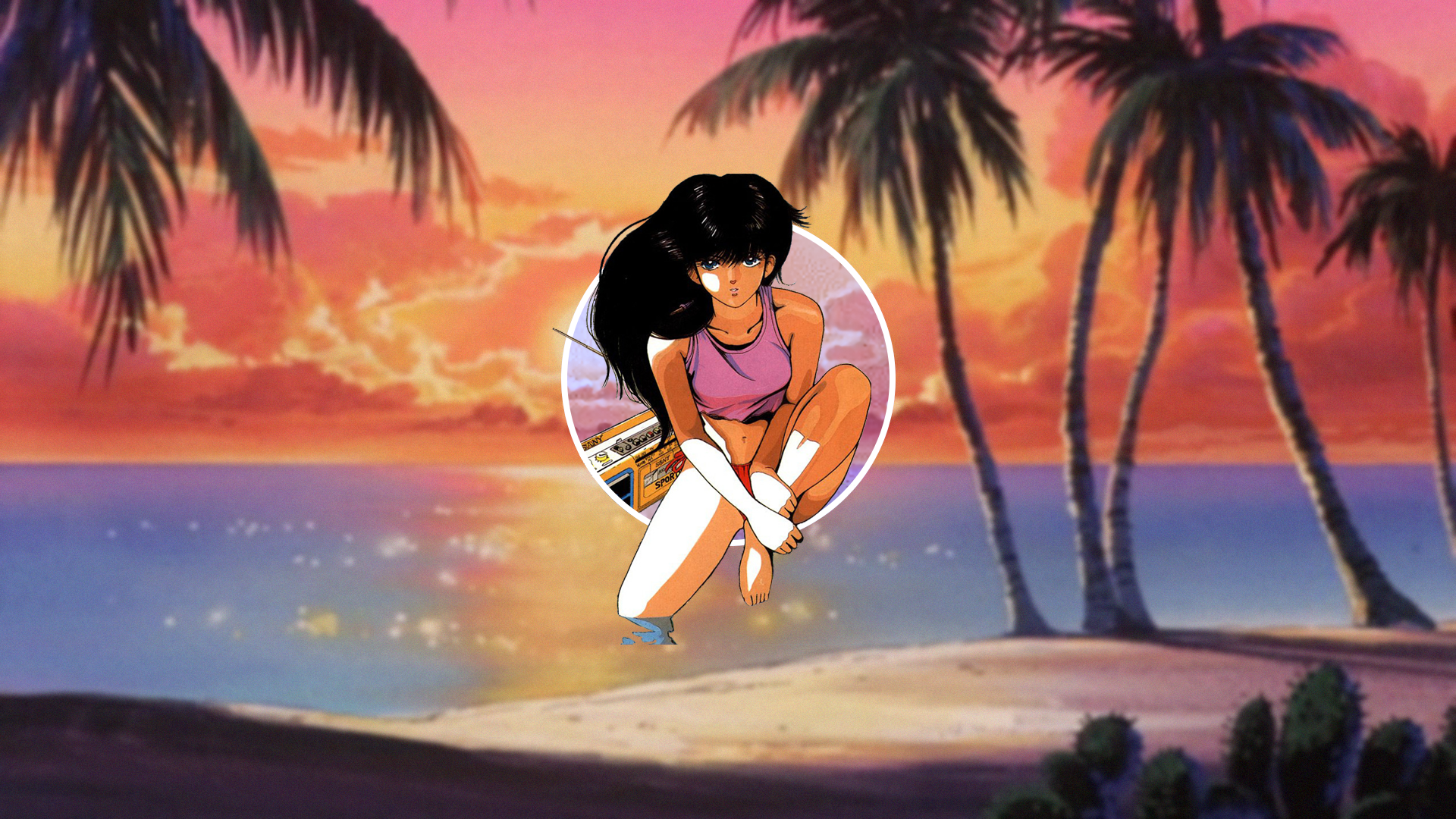 Anime girl with boombox on a beach at sunset HD Wallpaper