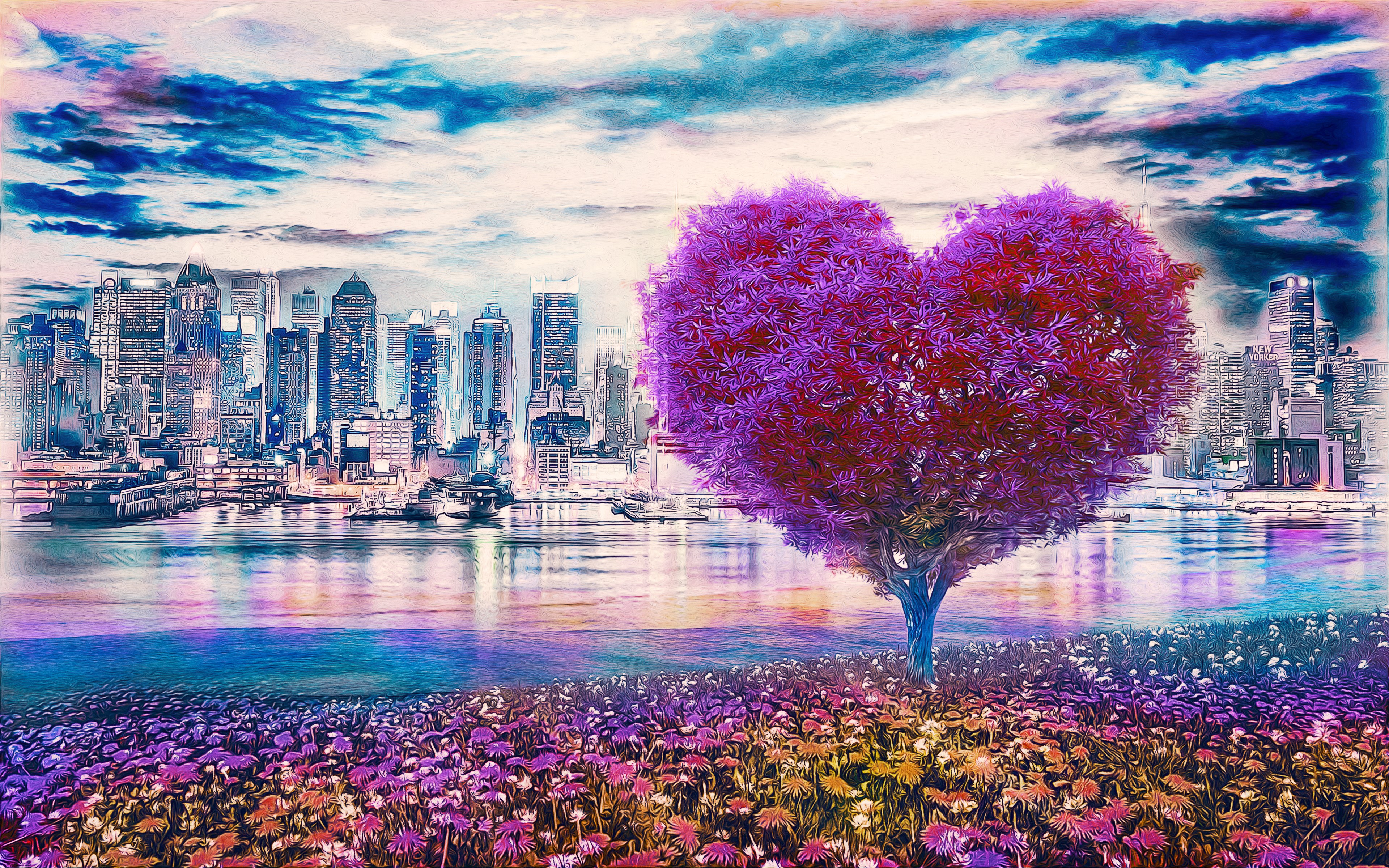 Heart Tree in Cityscape Digital Art HD Wallpaper