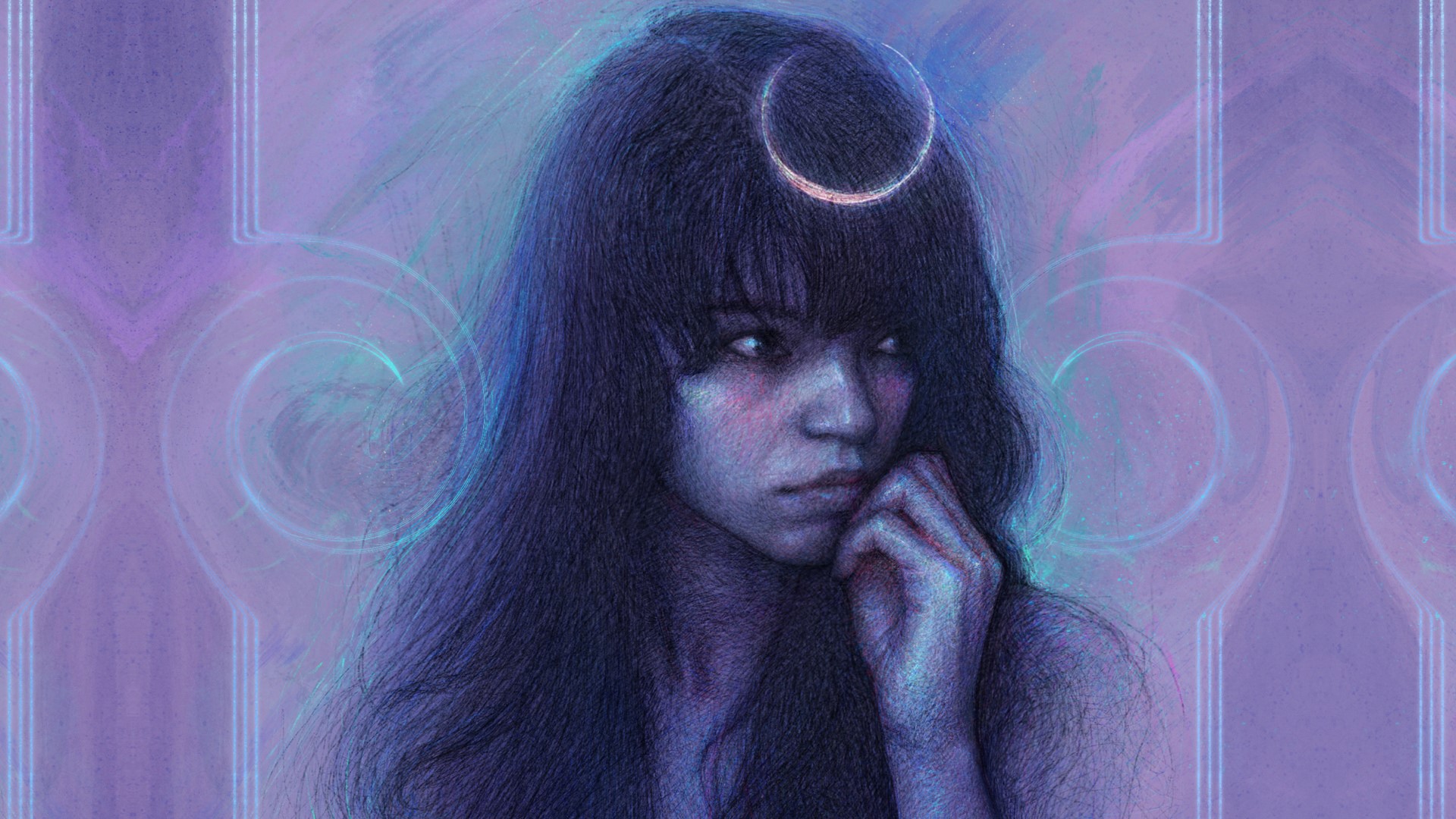 Artwork of a woman with long hair and a crescent moon HD Wallpaper