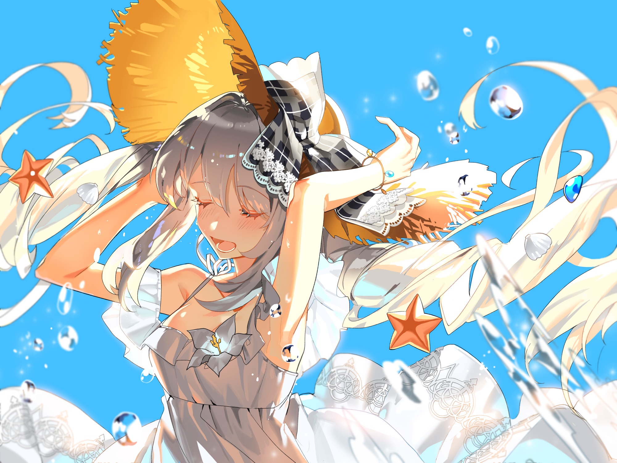 Anime girl with hat and seashells in water HD Wallpaper