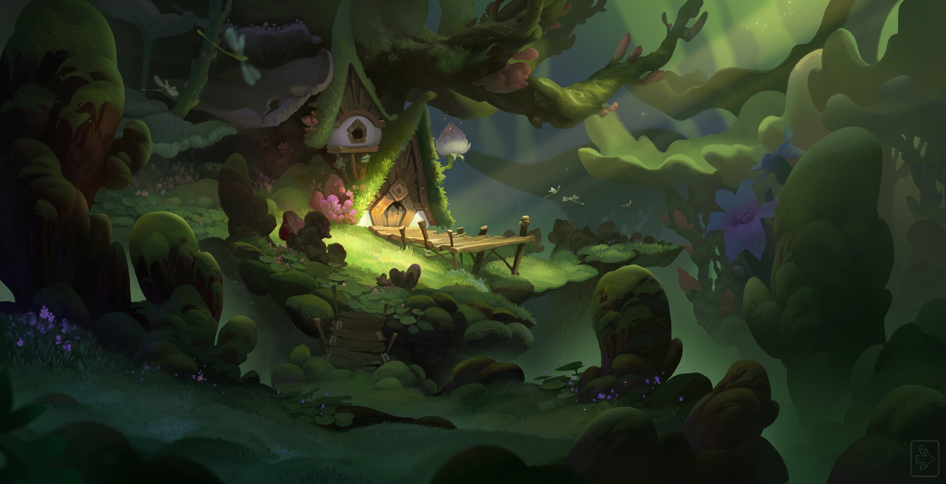 Fantasy forest cottage with dragonflies and flowers HD Wallpaper