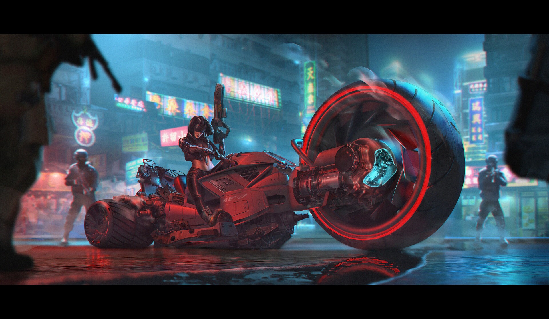 Woman with gun on futuristic motorcycle in cyberpunk Hong Kong HD Wallpaper