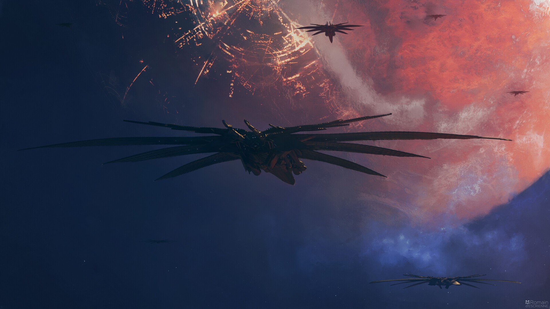 Spaceships near a glowing planet in digital art HD Wallpaper