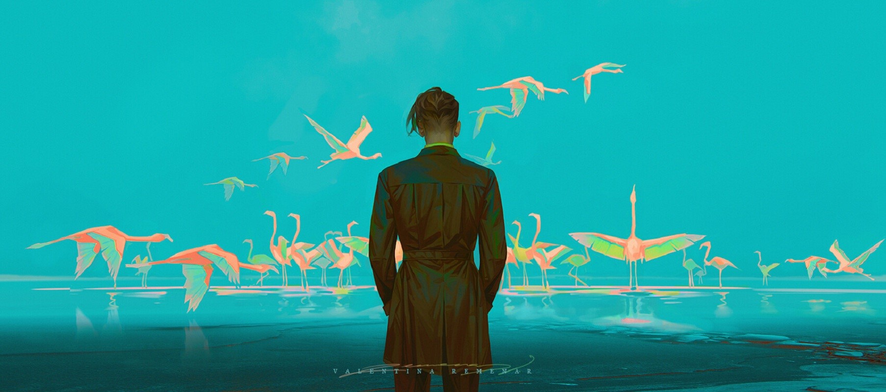 Artwork by Valentina Remenar featuring a man and flamingos HD Wallpaper