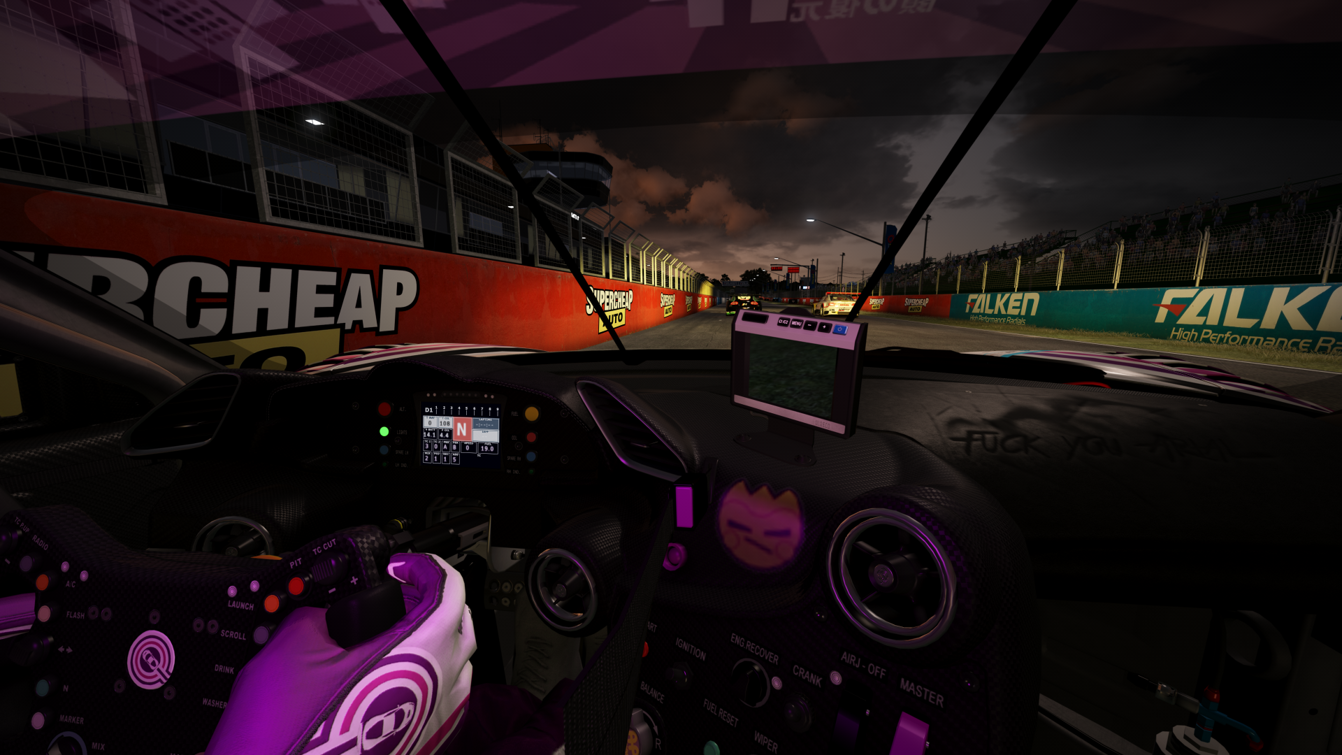 Assetto Corsa racing cockpit with Falken and Supercheap Auto branding HD Wallpaper
