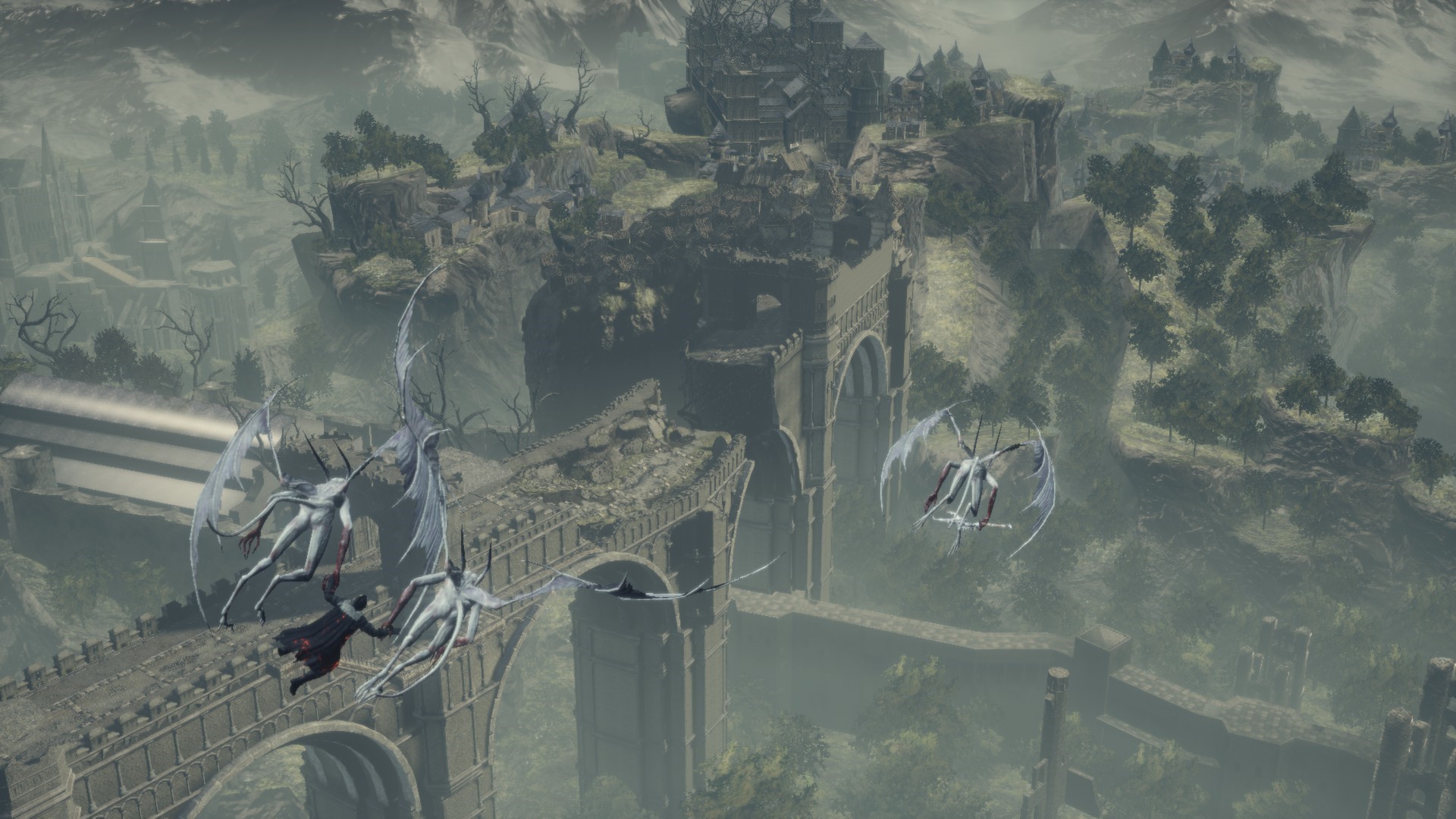 Dark Souls 3 character fighting winged creatures over bridge HD Wallpaper