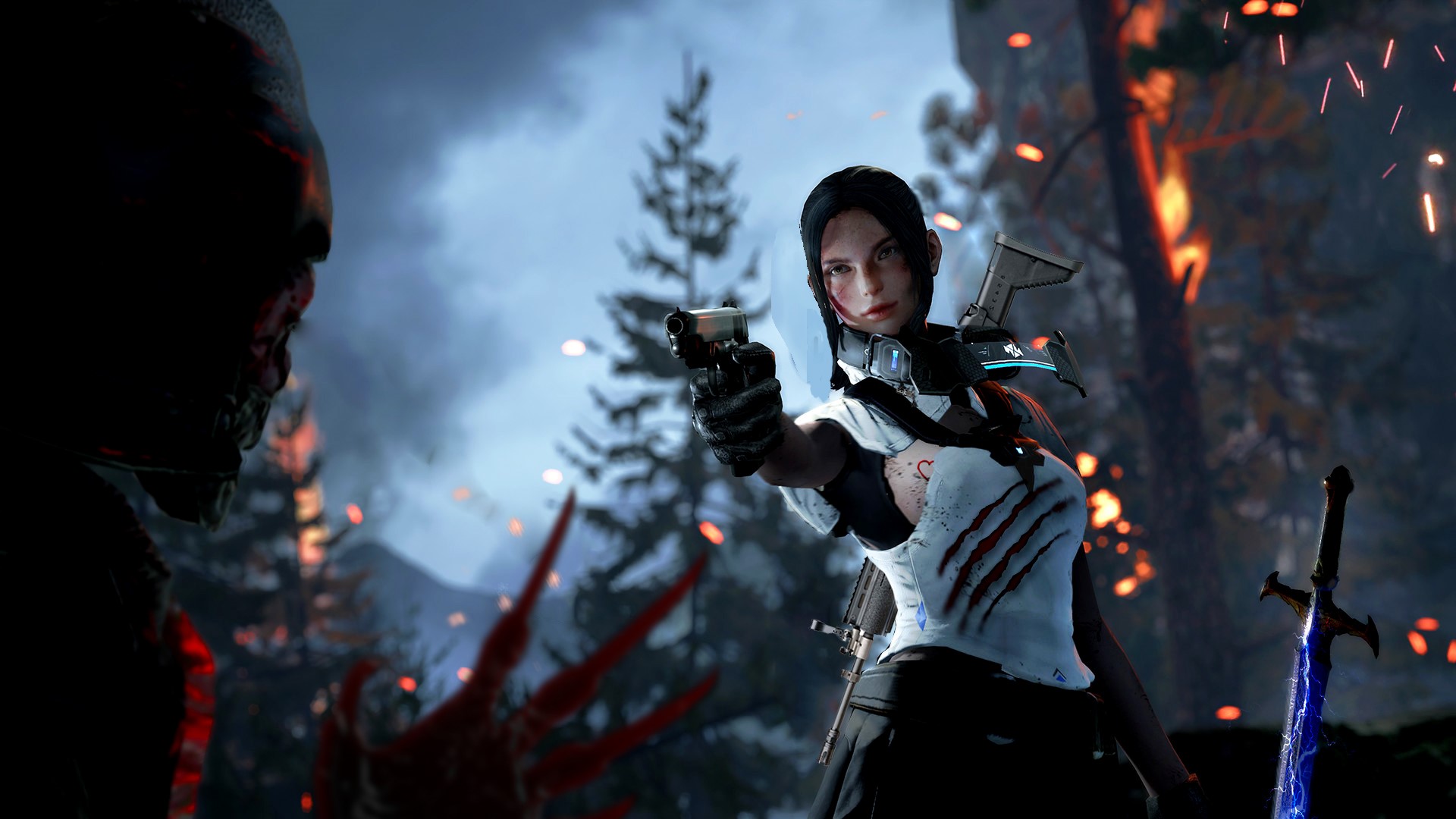 Woman with gun and sword facing monster HD Wallpaper