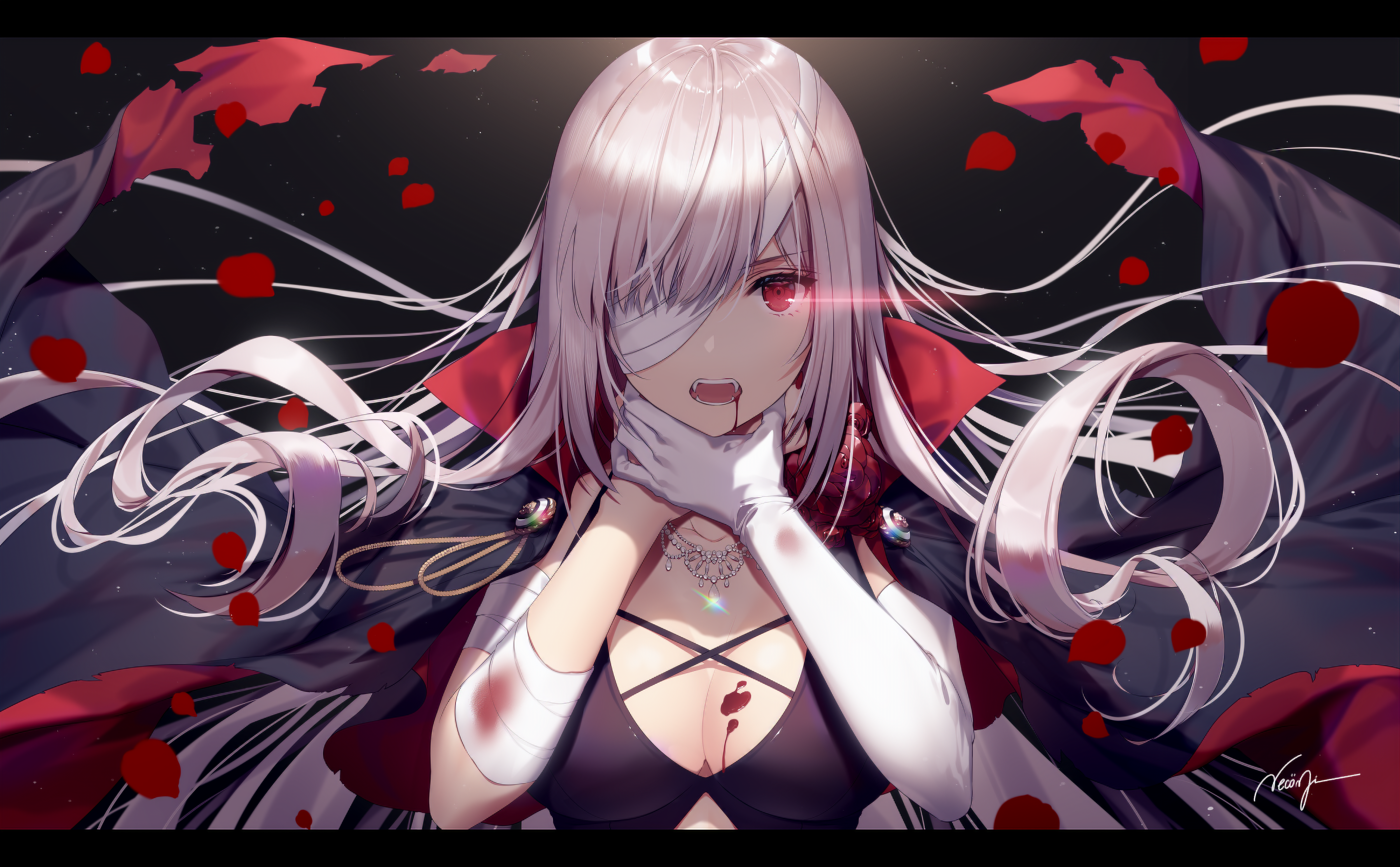 Vampire girl with glowing red eyes and bandages HD Wallpaper