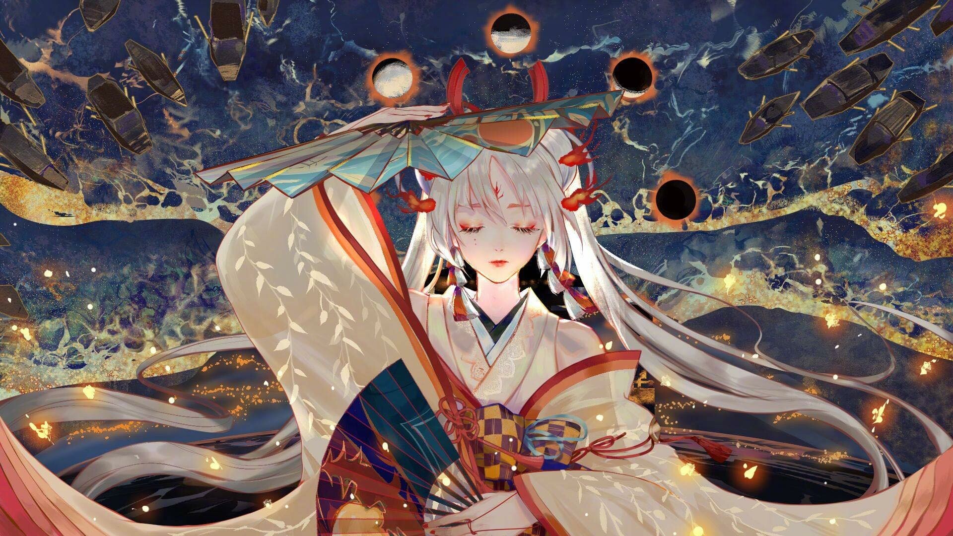 Anime girl in kimono with fan and boats HD Wallpaper
