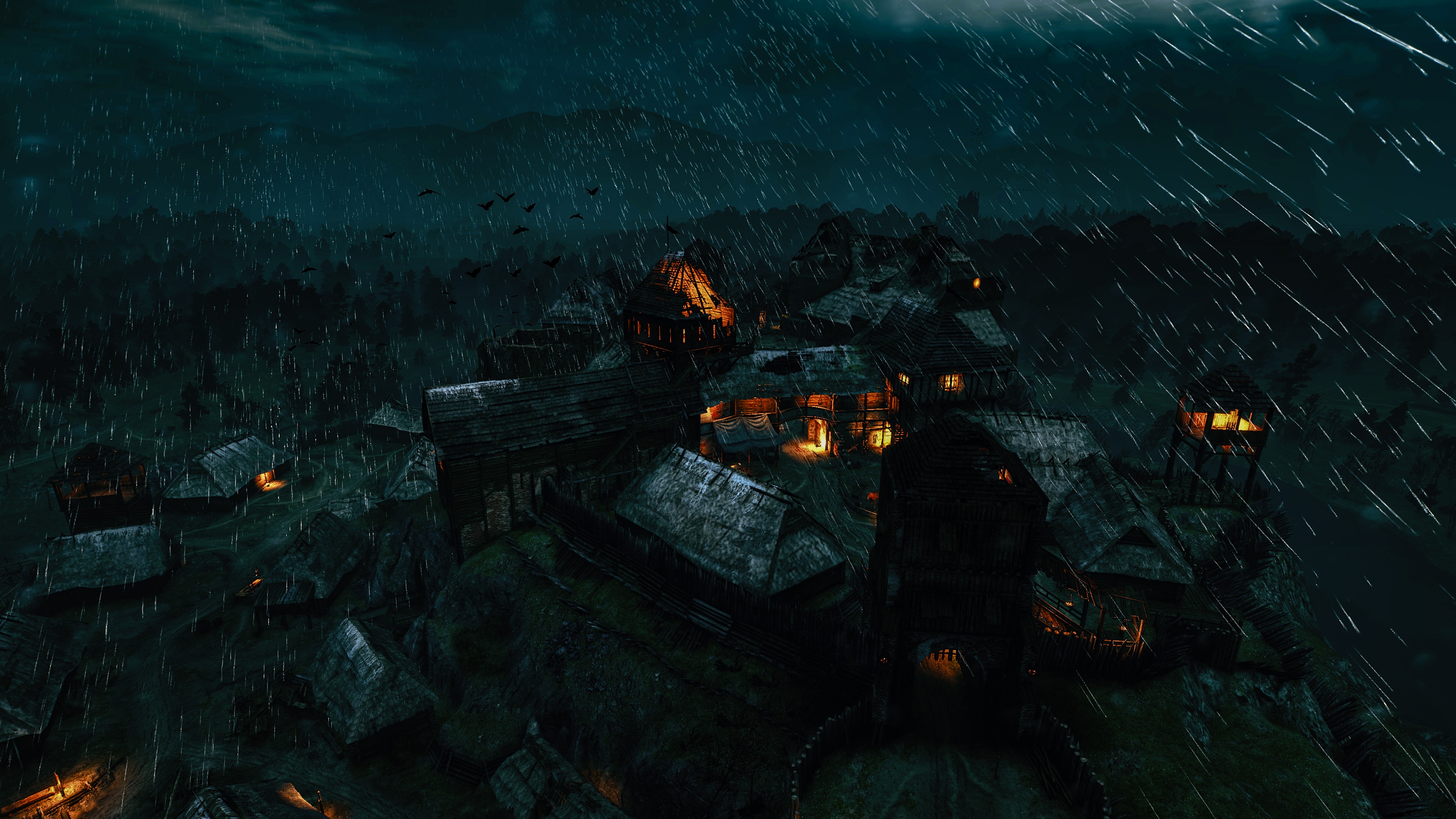 4K The Witcher 3: Wild Hunt village at night HD Wallpaper