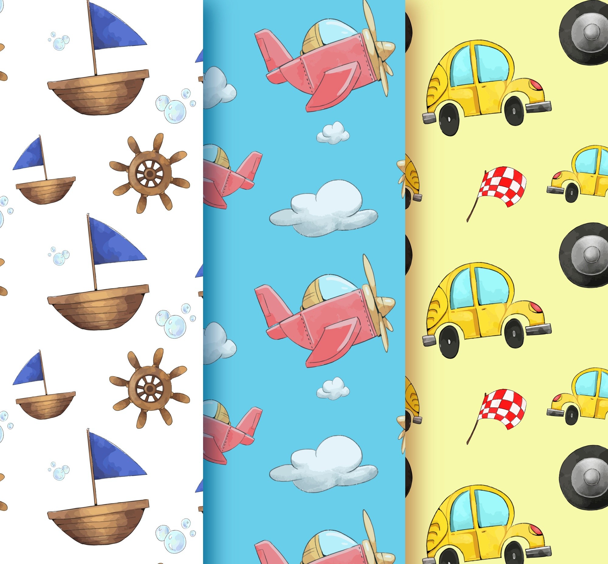Seamless patterns of cartoon vehicles and nautical elements HD Wallpaper