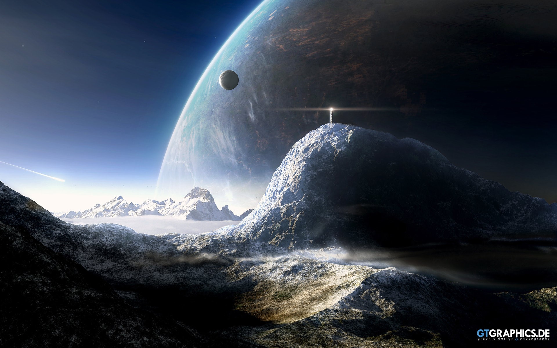 Alien planet landscape with large planet and moon HD Wallpaper