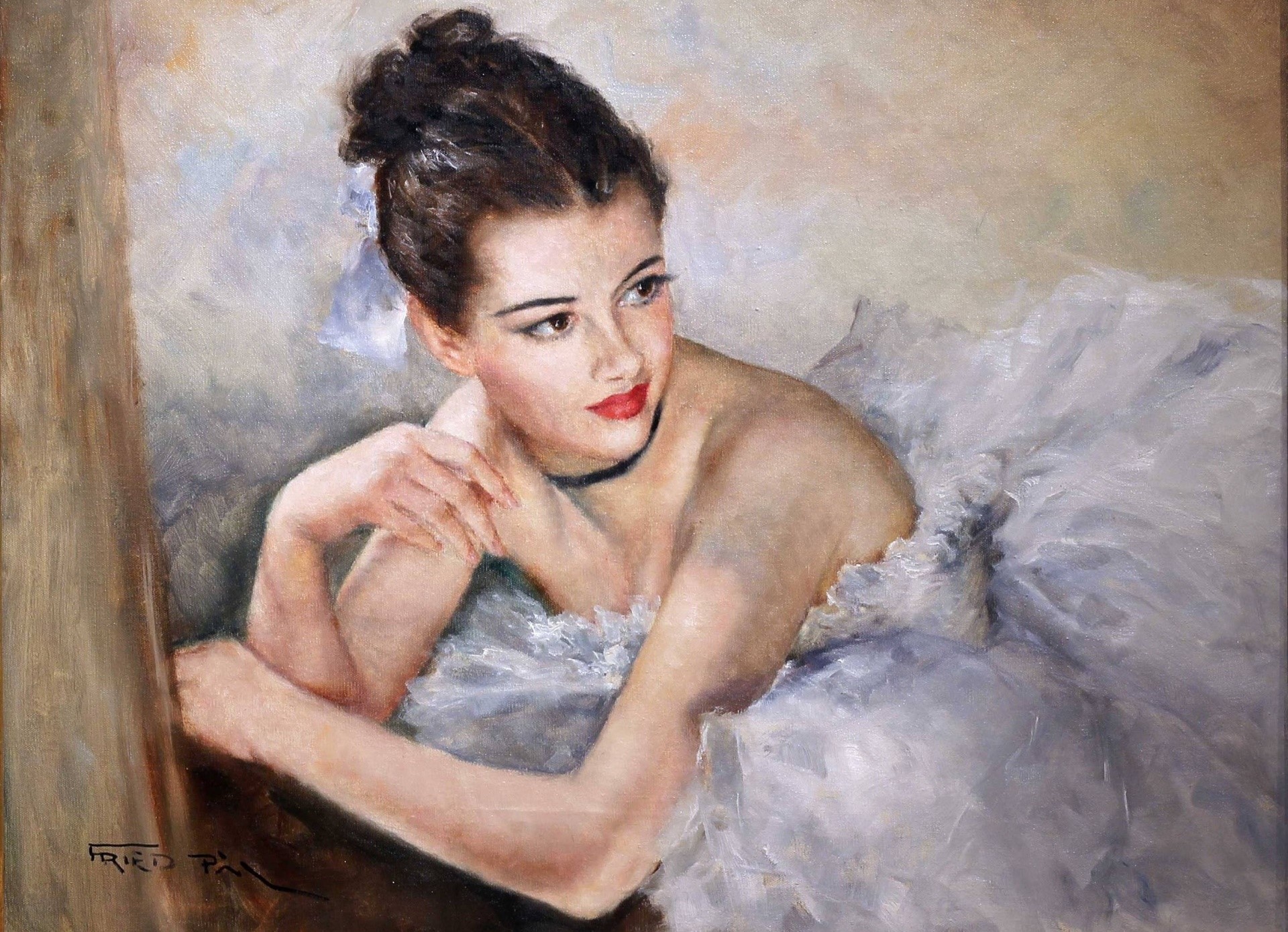 Painting of a ballerina in a white tutu HD Wallpaper