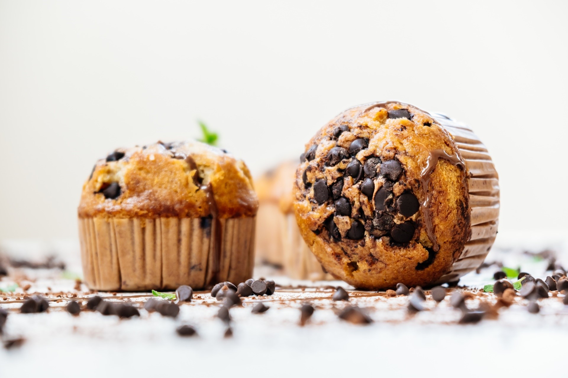 Chocolate chip muffins with mint and chocolate shavings HD Wallpaper