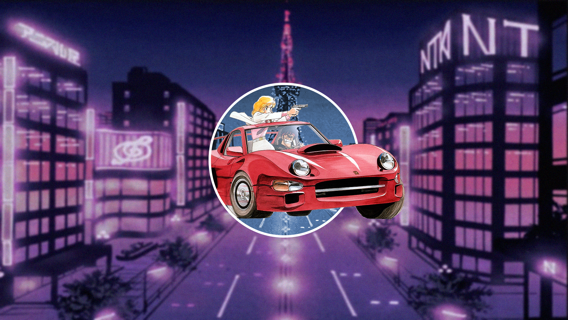 Anime characters in a red car in a city at night HD Wallpaper