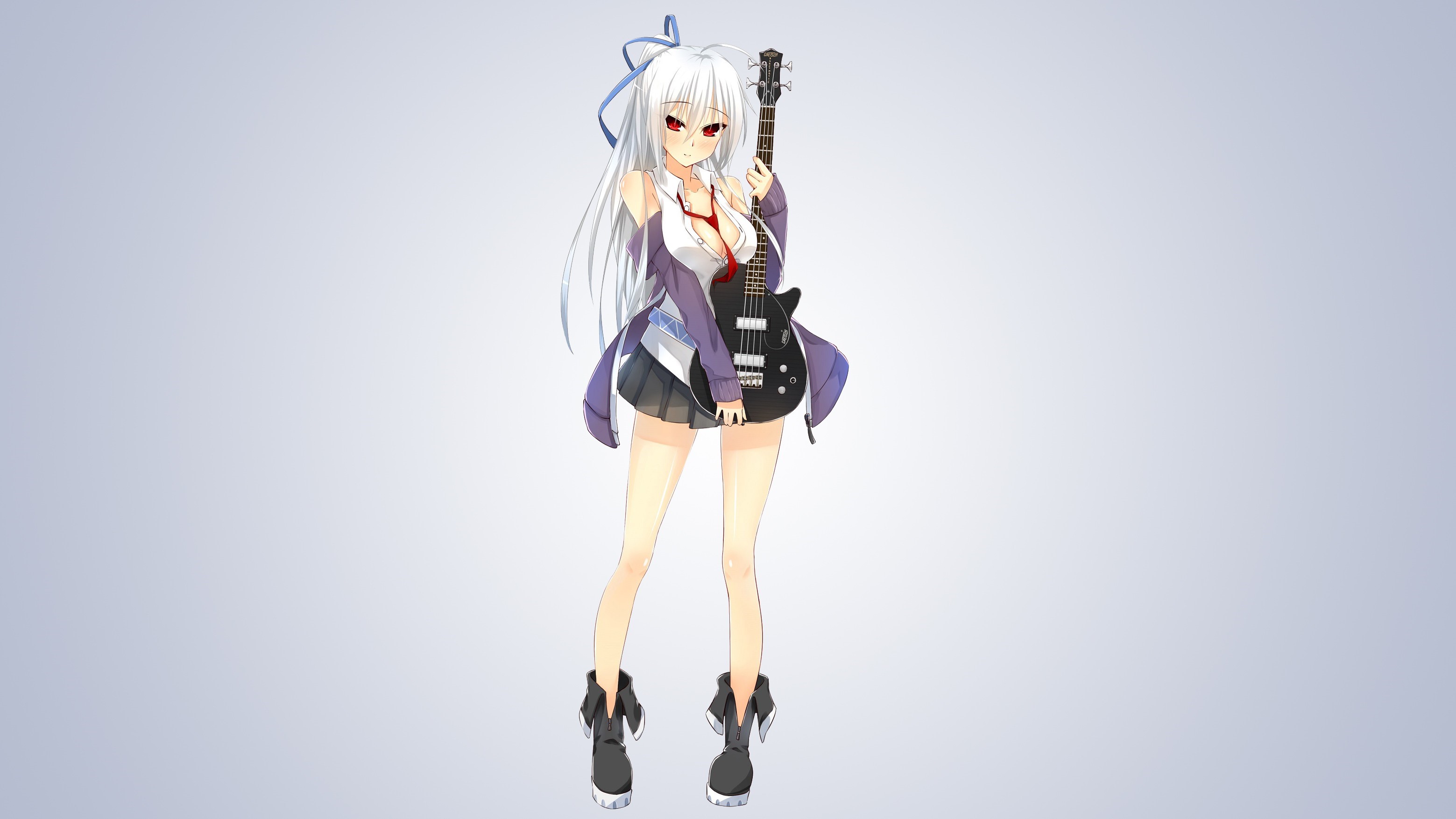 Anime girl with white hair holding a guitar HD Wallpaper