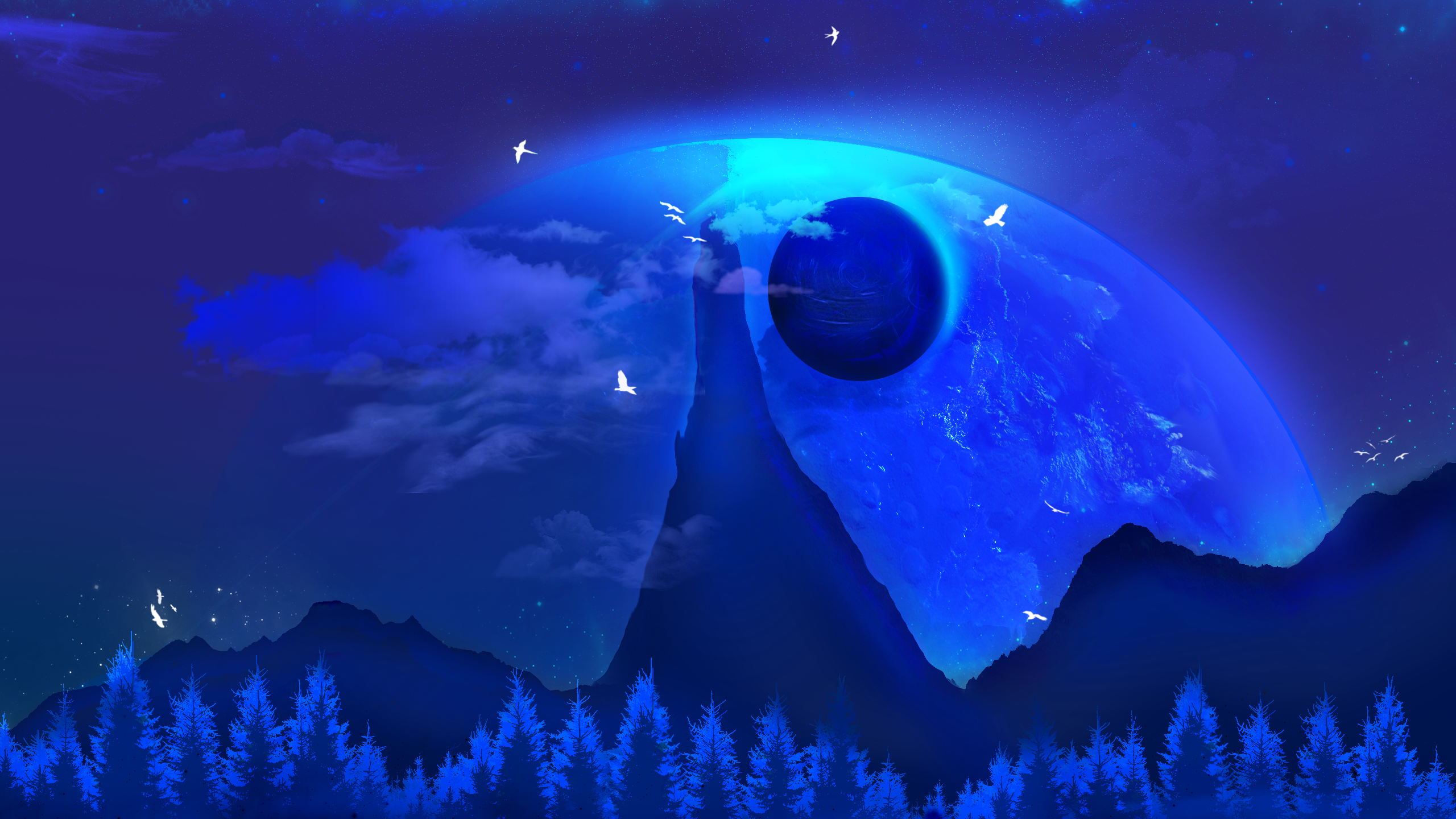 Futuristic blue planet and galaxy landscape with birds HD Wallpaper