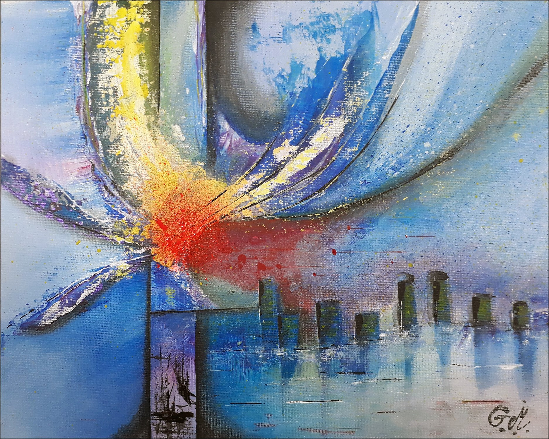 Abstract painting with blue, yellow, and red colors HD Wallpaper