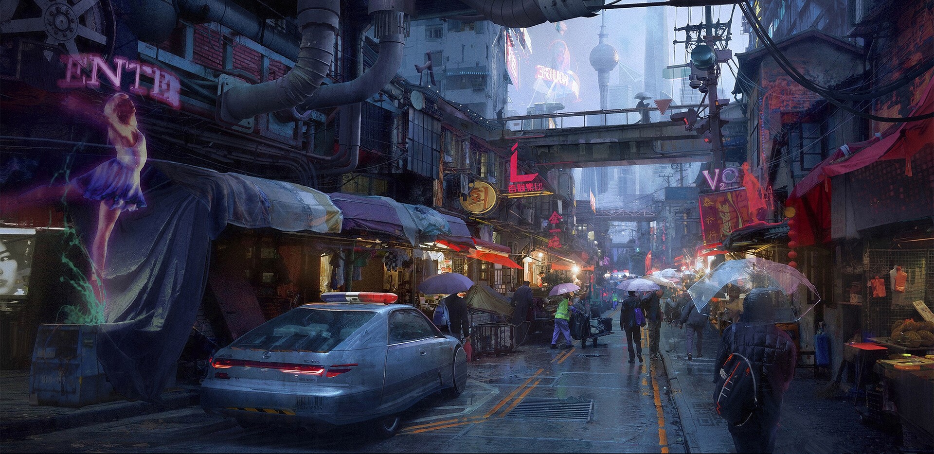 Cyberpunk city street with holographic dancer and police car HD Wallpaper