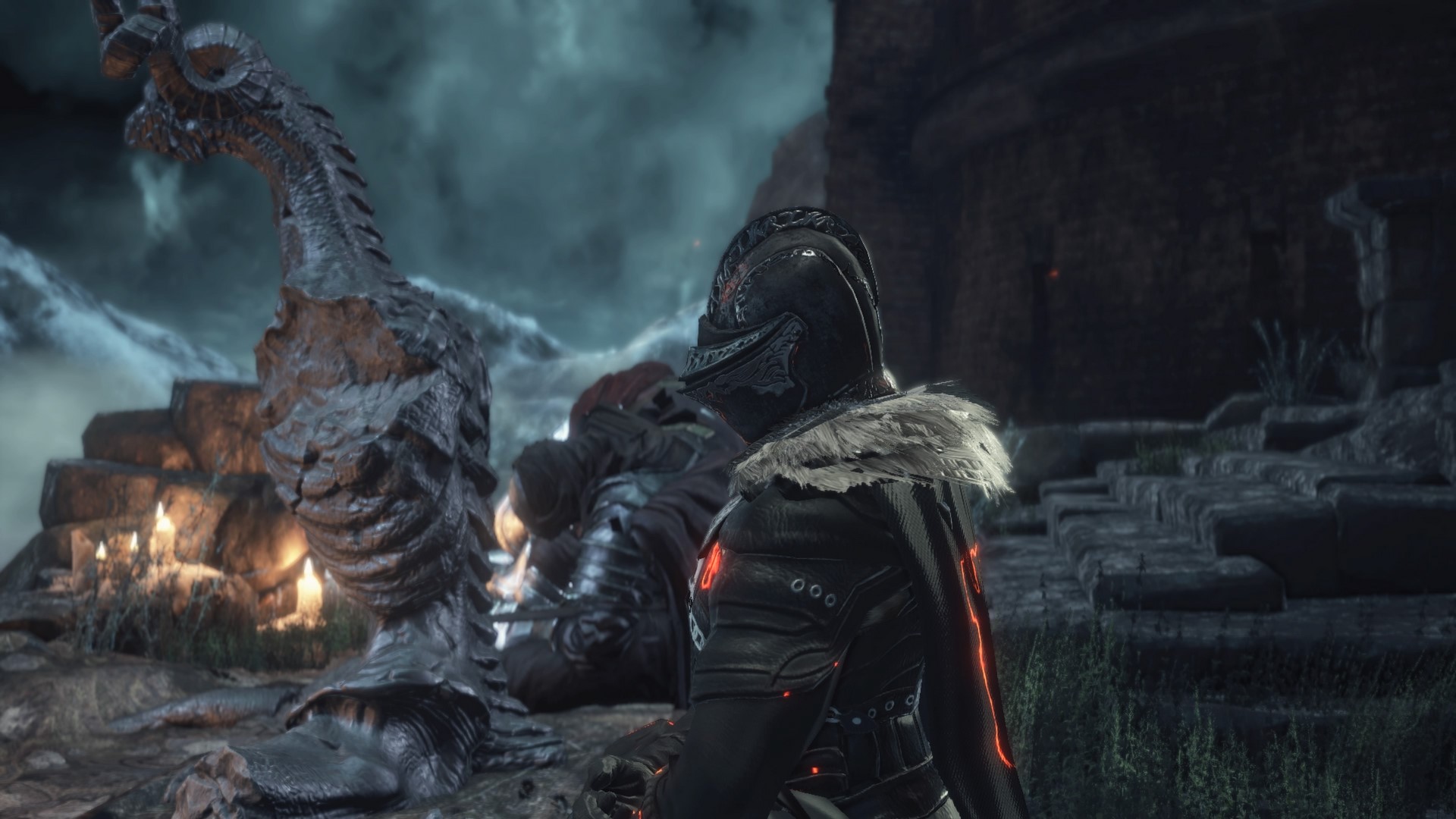 Dark Souls 3 Knight near a dragon statue HD Wallpaper