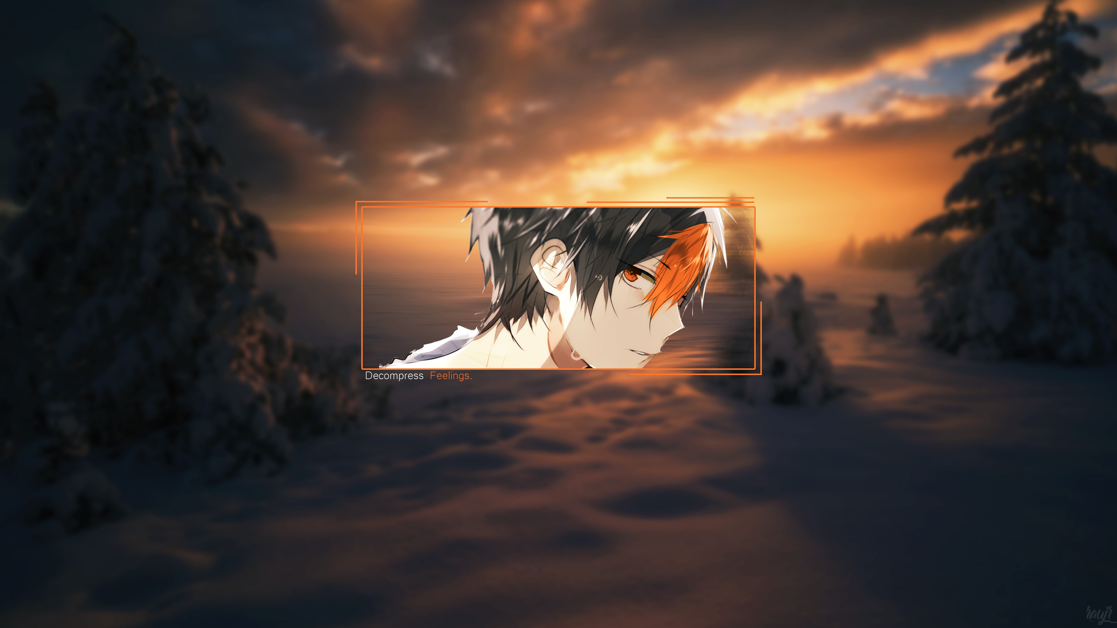 Anime boy with orange eyes in winter landscape HD Wallpaper