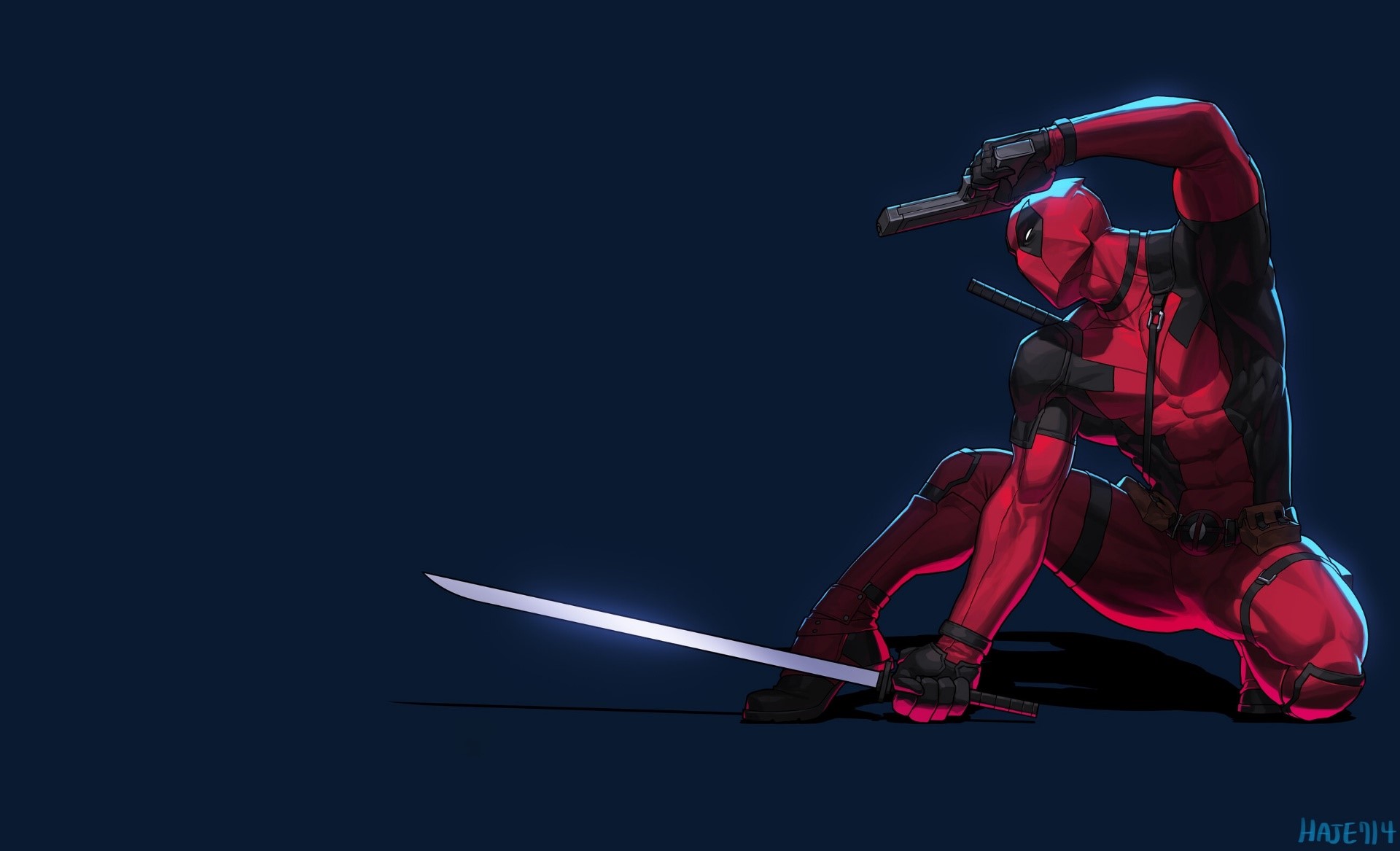 Deadpool with swords and guns on blue background HD Wallpaper