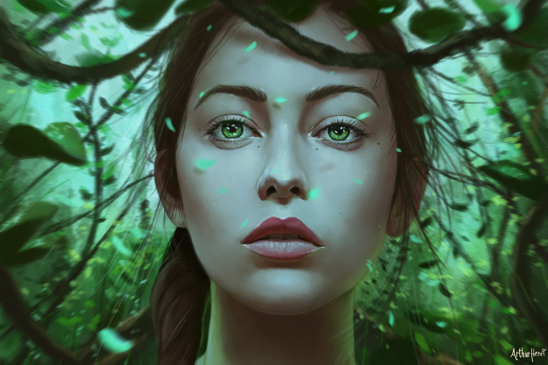 Portrait of a woman with green eyes in a forest HD Wallpaper